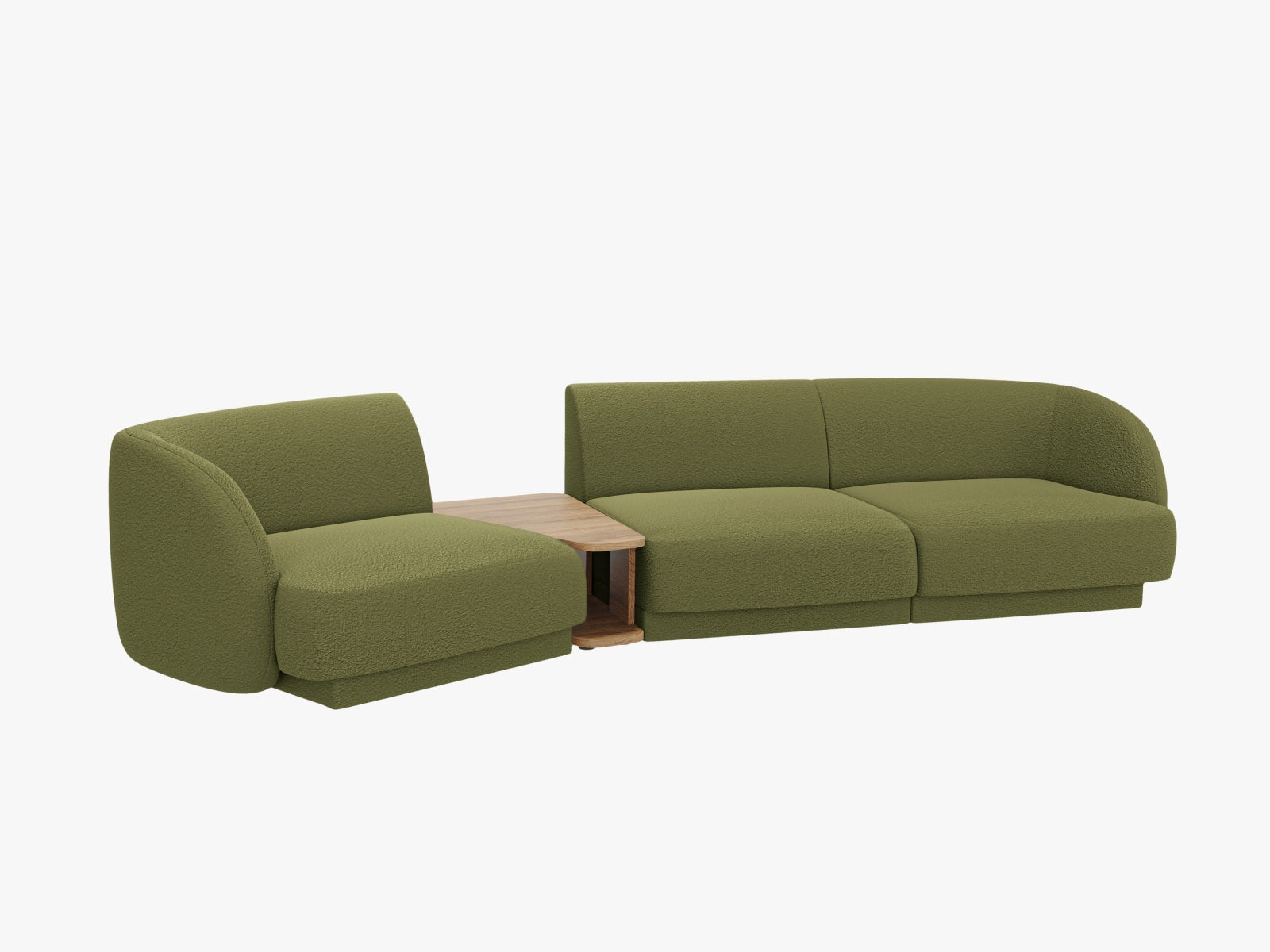 Elegantes Miley 3-Sitzer L-Sofa links in luxuriösem Dunkelolivgrün, ideal für moderne Wohnkonzepte und entspannte Stunden.