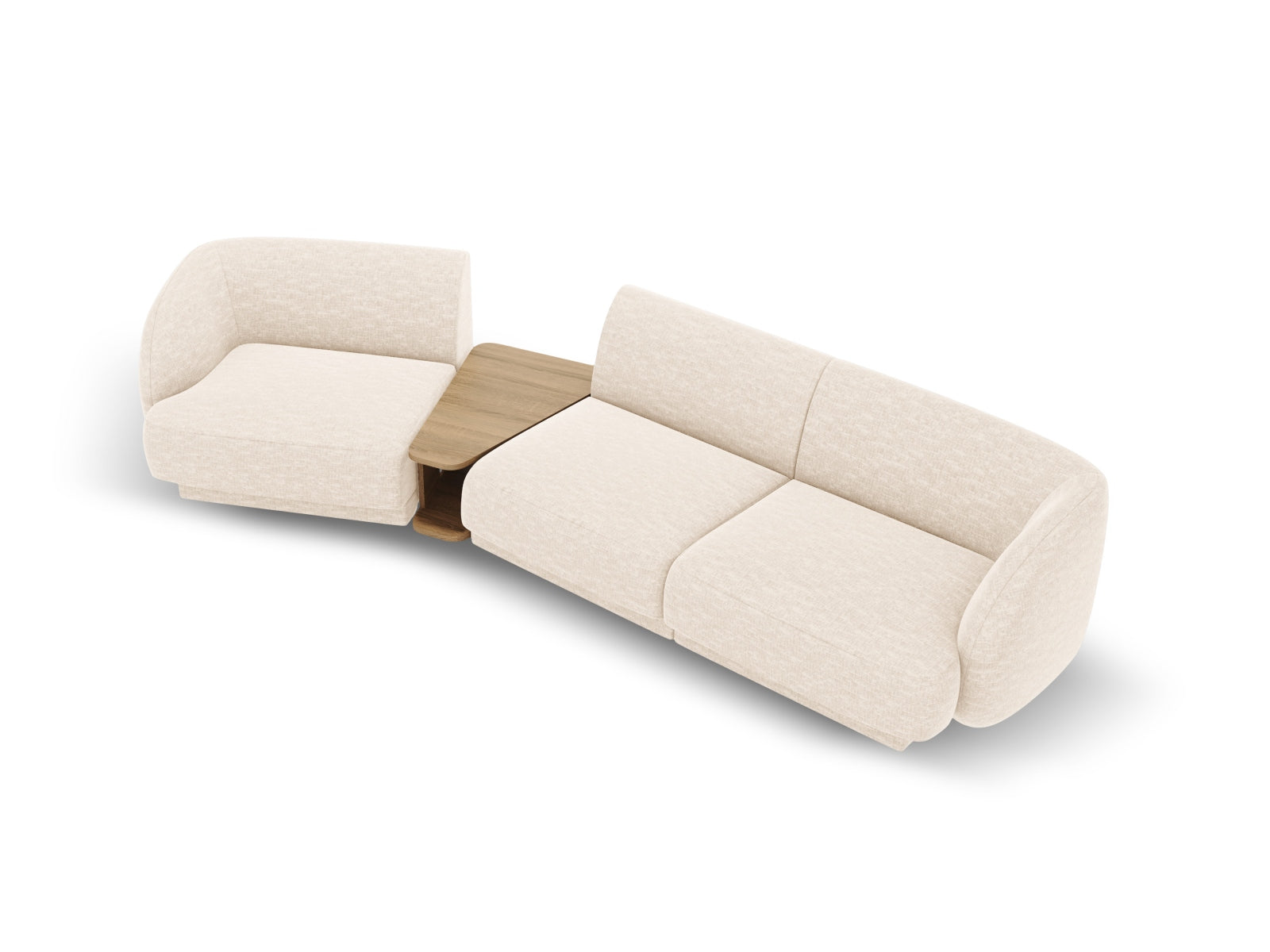 Elegantes Miley 3-Sitzer L-Sofa in hellem Beige, ideal für stilvolle Wohnräume. Modulares Design für individuelle Anpassung und Komfort.