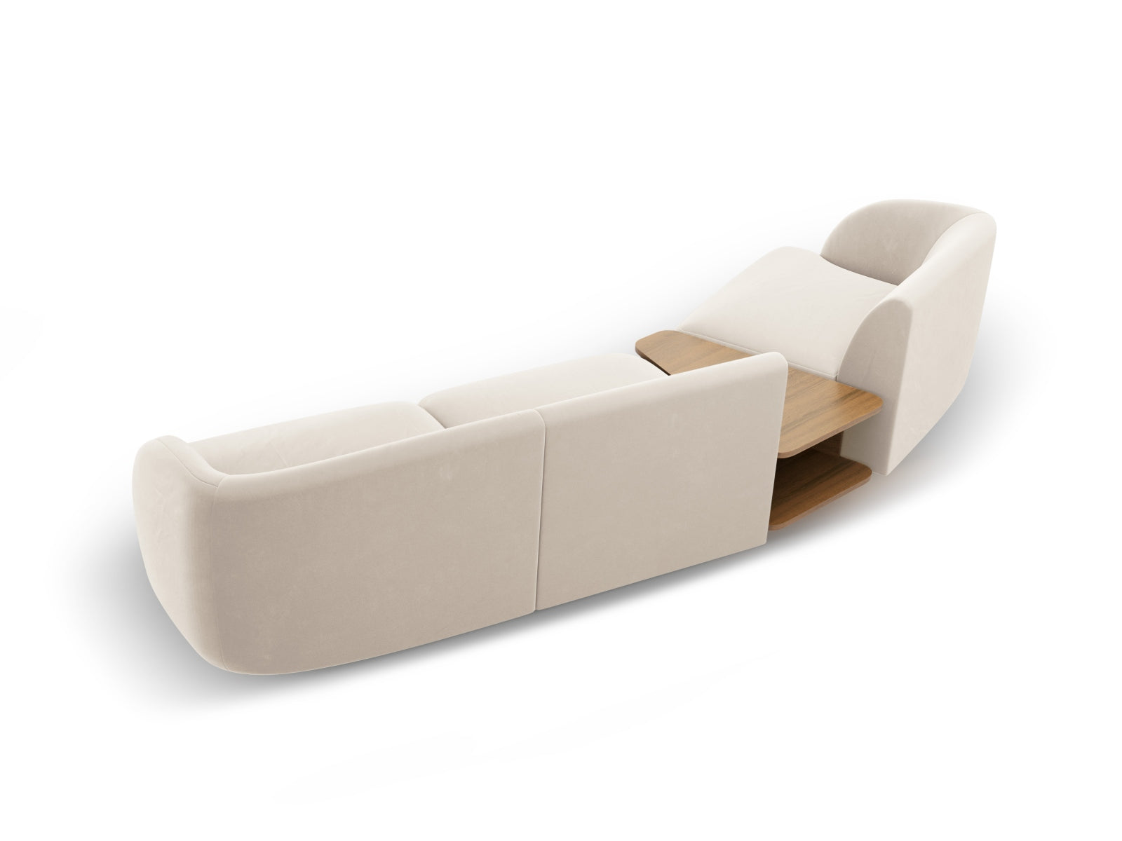 Elegantes Miley Velour L-Sofa links, 3-Sitzer in zartem Beige, ideal für moderne Wohnkonzepte und gemütliche Abende.