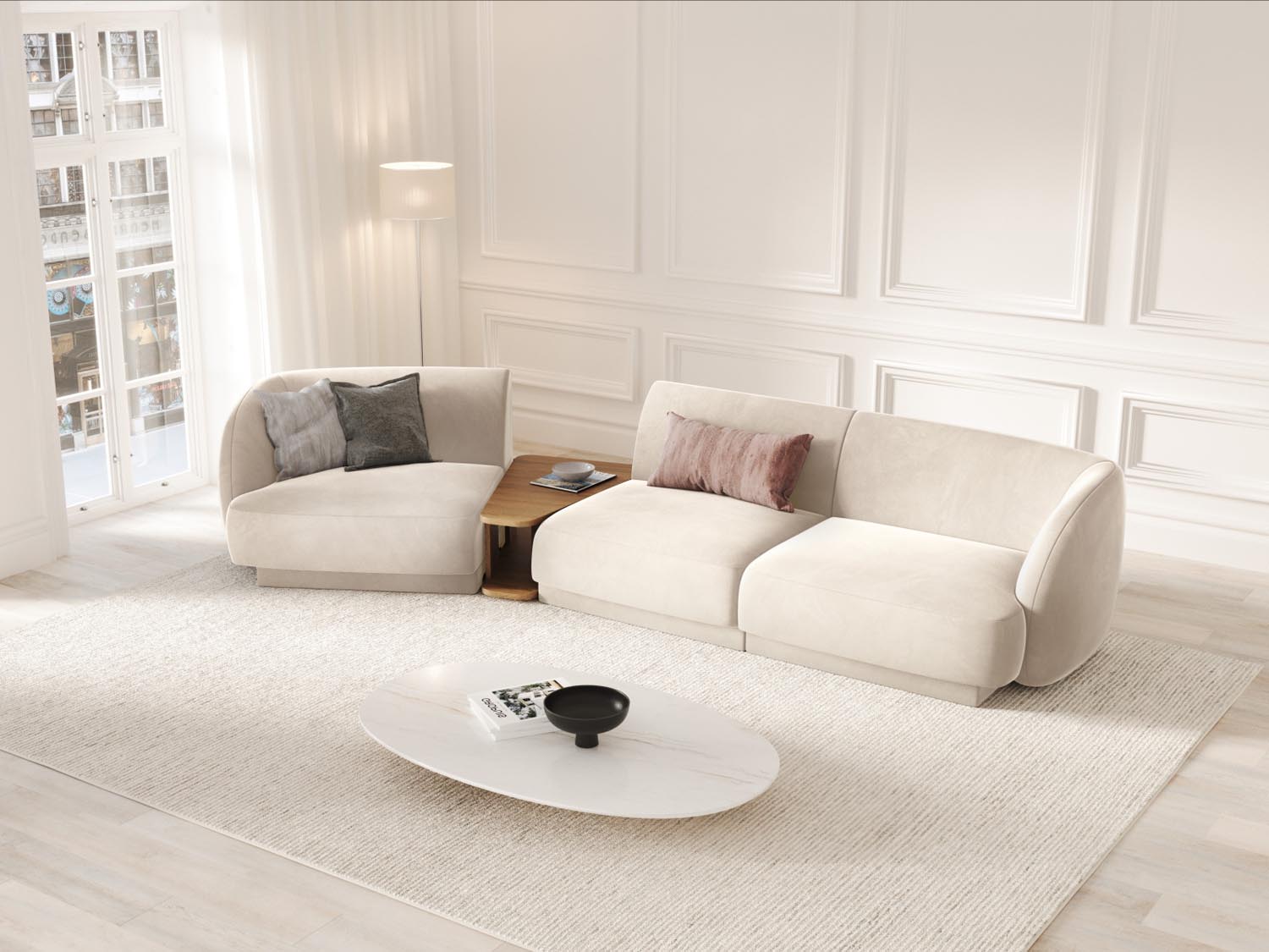 Modulares 3-Sitzer Sofa Miley Velour in sanftem Beige, perfekt für stilvolle Wohnräume und entspannte Momente mit Freunden und Familie.