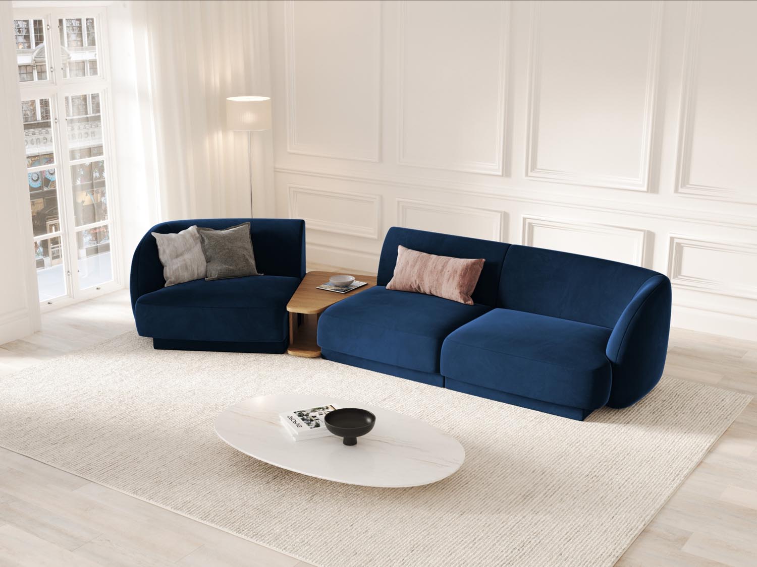 Stilvolles, linksseitiges 3-Sitzer Sofa Miley Velour in edlem Blau, perfekt für moderne Wohnkonzepte und individuelle Raumgestaltungen.