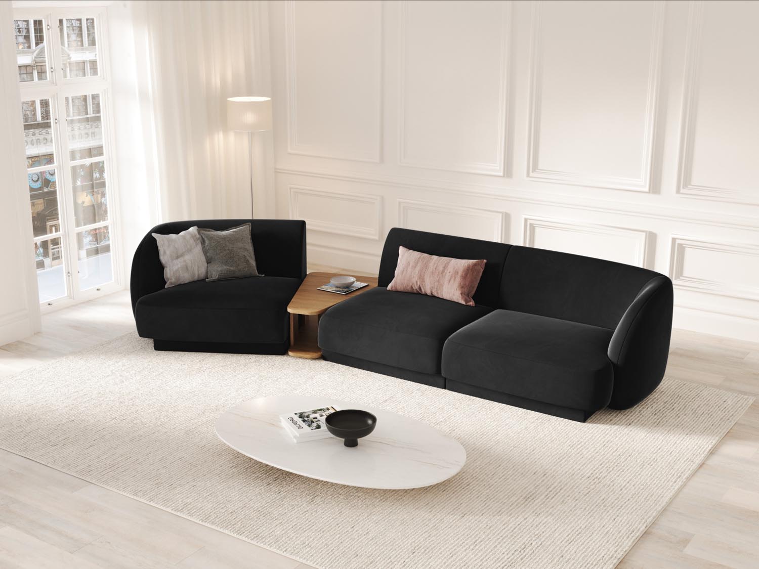 Stylisches Miley Velour L-Sofa links, 3-Sitzer von Micadoni, vereint Komfort und modernes Design für einladende Wohnambiente.