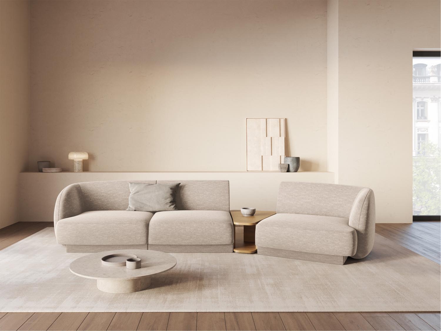 Stylisches, modulares 3-Sitzer Sofa Miley in warmem Beige, perfekt für zeitgemäße Interiors, vereint Funktionalität und Komfort.