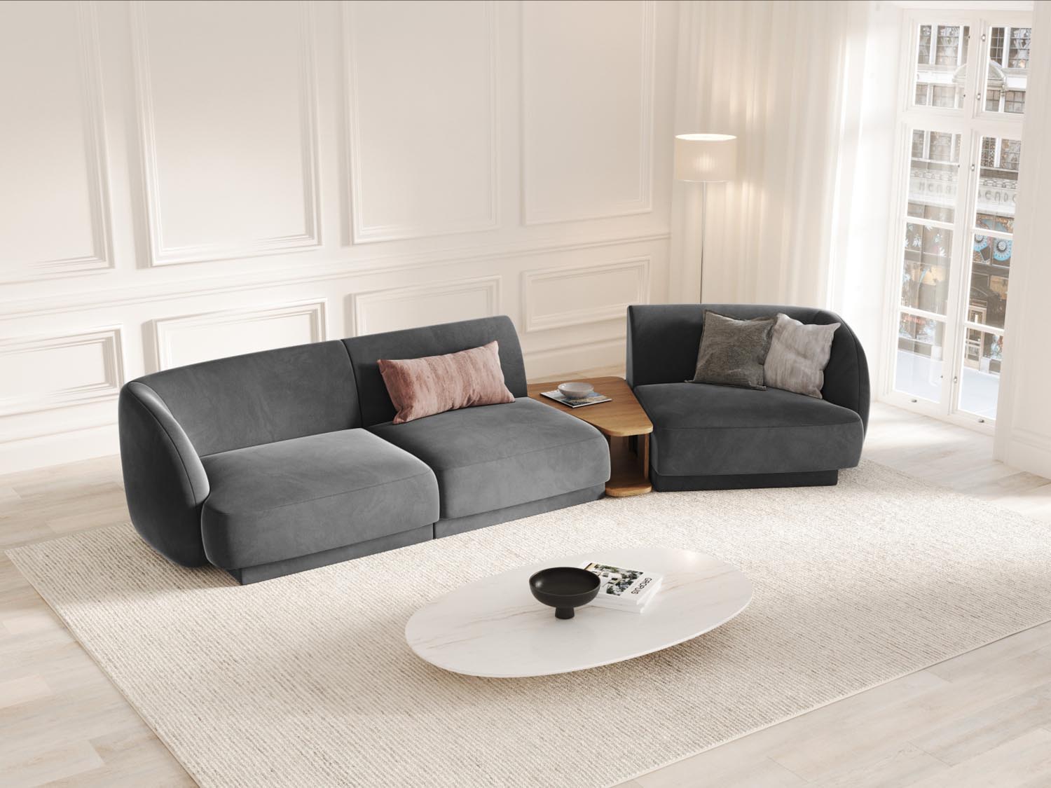 Modulares 3-Sitzer Sofa Miley Velour in sanftem Graublau, perfekt für moderne Wohnzimmer und gemütliche Zusammenkünfte.