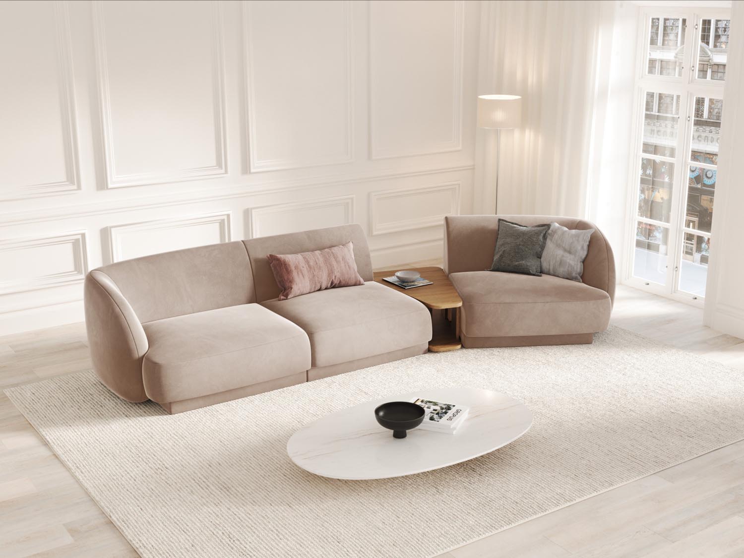 Modulares 3-Sitzer Sofa Miley Velour in sanftem Cappuccino, rechtsseitig, perfekt für gemütliche und moderne Wohnambiente.