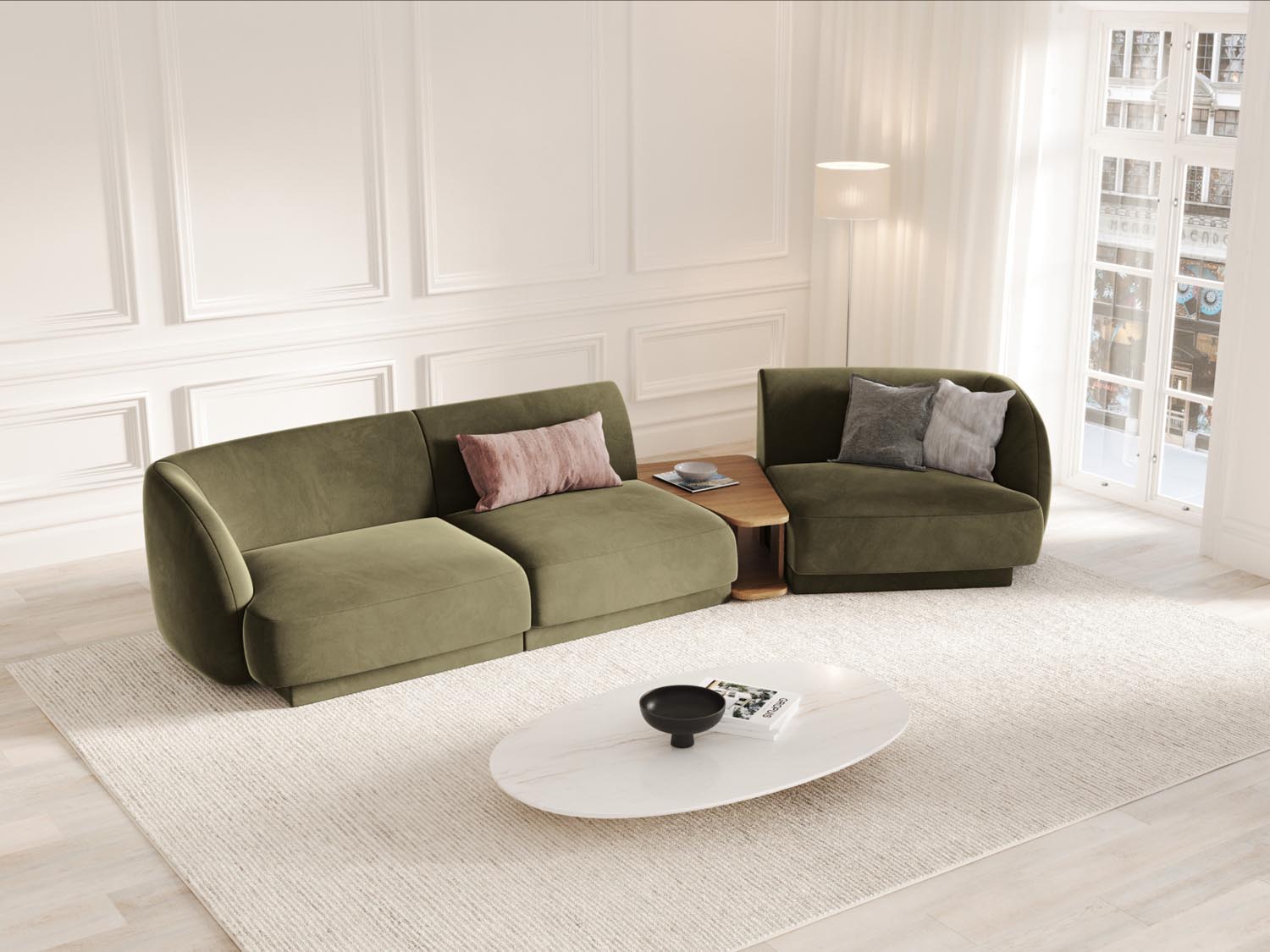 Stylisches, modulares 3-Sitzer Sofa Miley Velour in ansprechendem Grün-Blau, perfekt für gemütliche Stunden und zeitgemäße Einrichtung.