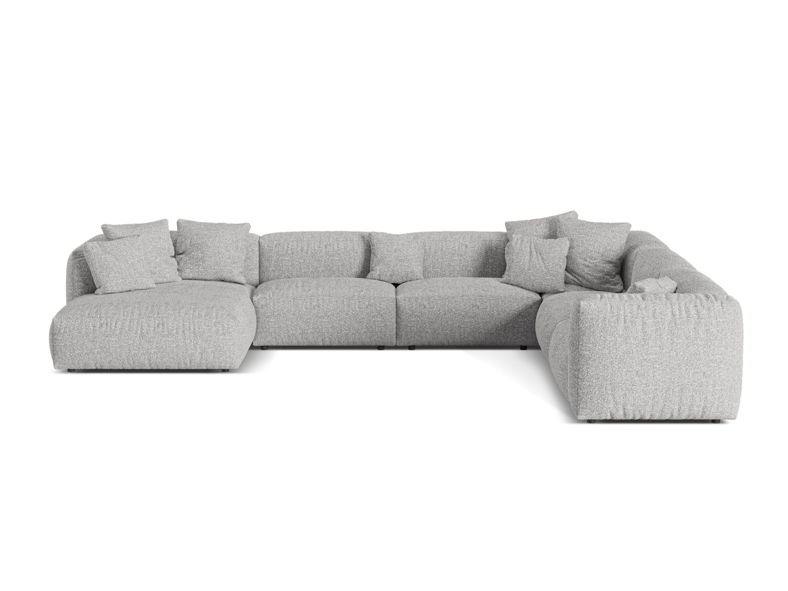 Modulares 6-Sitzer Ecksofa Martina in sanftem Grau, rechtsseitig, perfekt für gemütliche Abende und modernes Wohndesign.