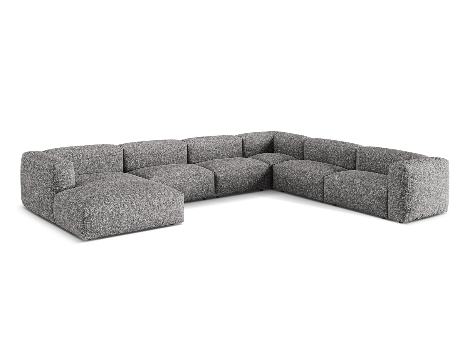 Modulares 6-Sitzer Ecksofa Martina in sanftem Grau, rechtsseitig, perfekt für gemütliche Abende und modernes Wohndesign.