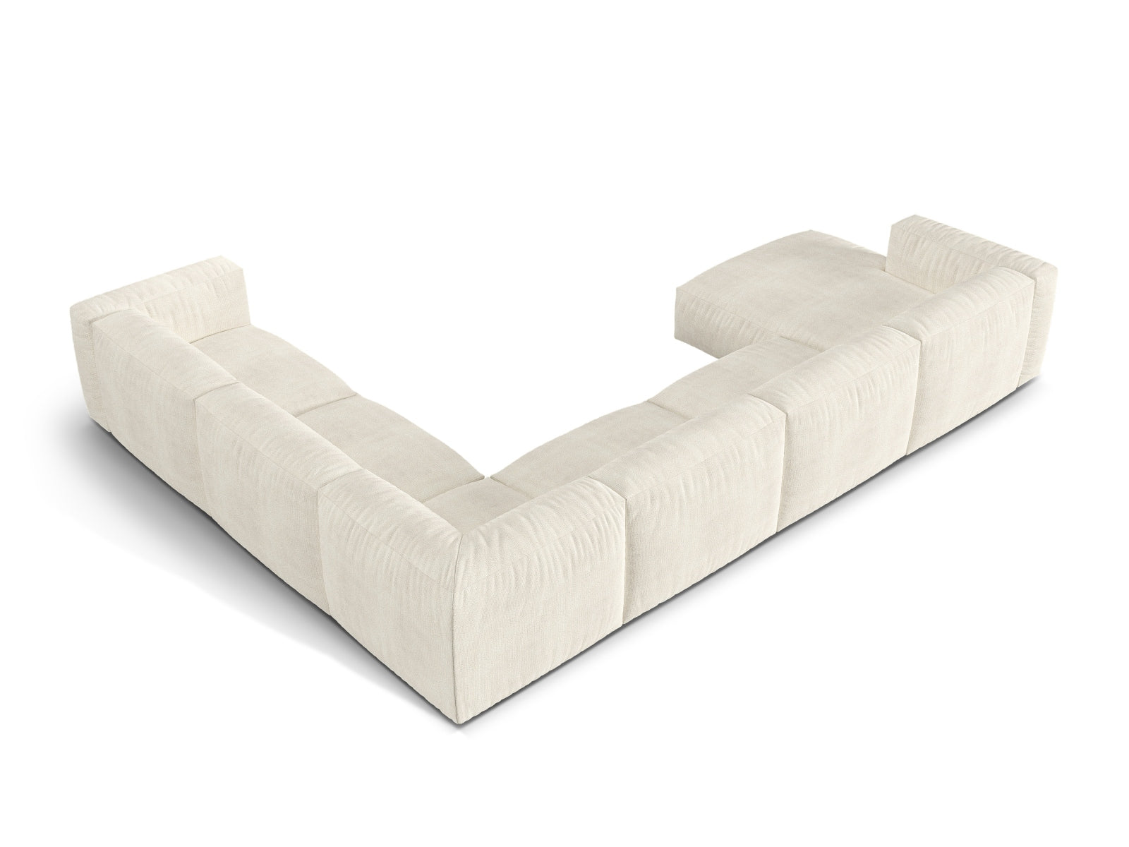 Modulares 6-Sitzer Ecksofa Martina in sanftem Grau, rechtsseitig, perfekt für gesellige Abende und modernes Wohndesign.