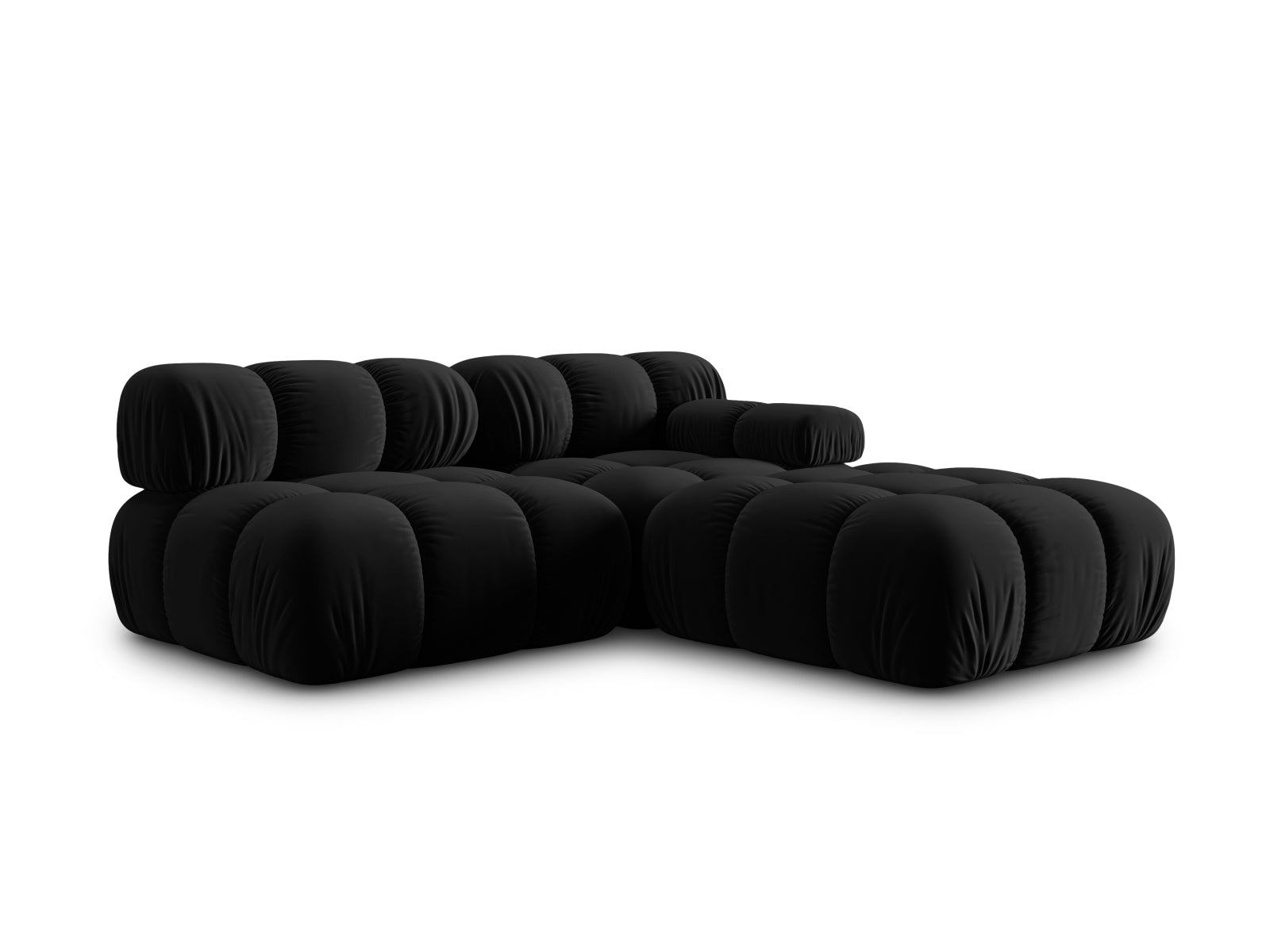 Elegantes Bellis Velour Sofa in Schwarz-Bluvel, 4-Sitzer, linksseitig, ideal für stilvolle Wohnräume und entspannte Stunden.