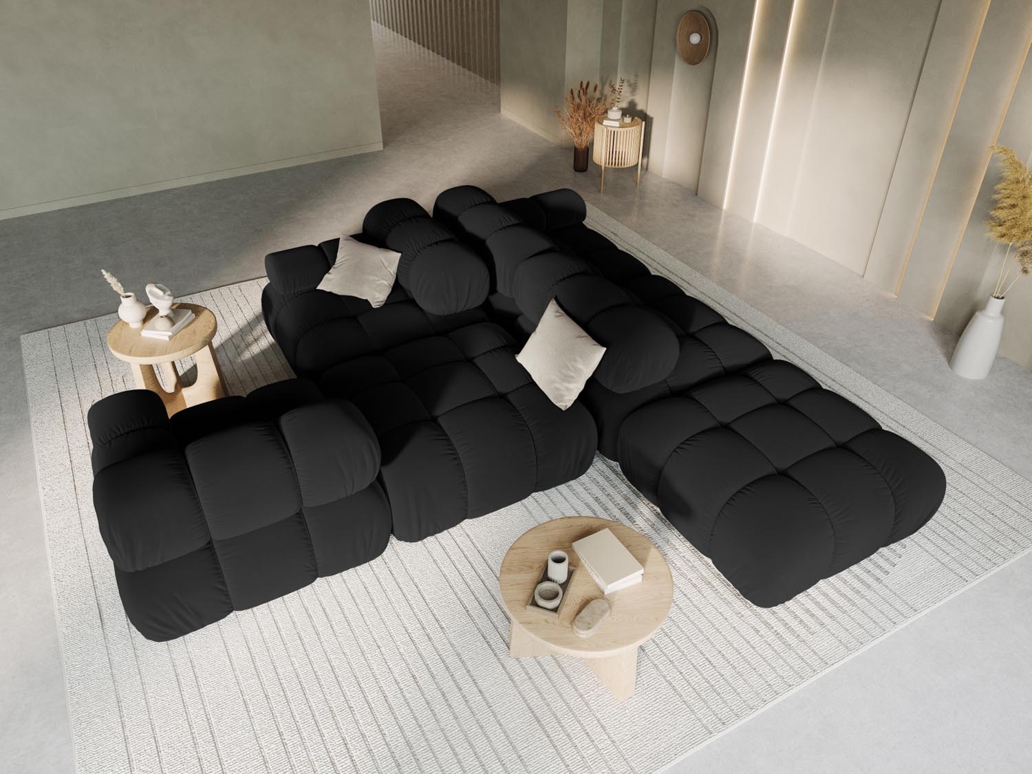 Elegantes Bellis Velour Sofa in Schwarz-Bluvel, 4-Sitzer, linksseitig, ideal für stilvolle Wohnräume, präsentiert von Micadoni.