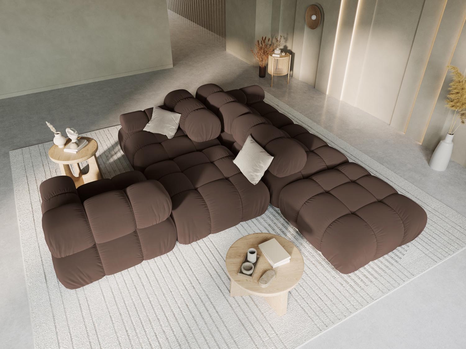 Elegantes Bellis Velour Sofa in Dunkelbraun, 4-Sitzer, linksseitig, ideal für stilvolle Wohnräume, präsentiert von Micadoni.
