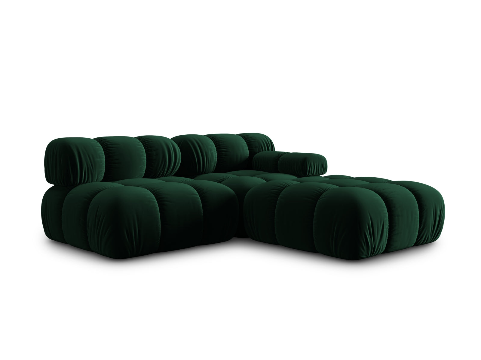 Elegantes Bellis Velour Sofa in tiefem Flaschengrün, linksseitig, 4-Sitzer, ideal für zeitgemäße und gemütliche Wohnräume.
