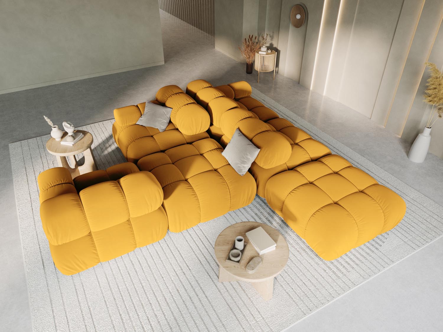 Elegantes Bellis Velour Sofa in Gelb-Blau, 4-Sitzer, linksseitig, ideal für stilvolle Wohnräume. Modulares Design von Micadoni.