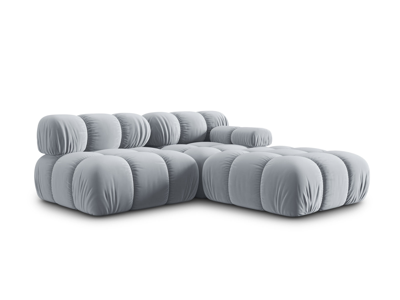 Elegantes modulares Sofa Bellis in sanftem Hellblau, linksseitig, ideal für stilvolle Wohnräume und gemütliche Abende.