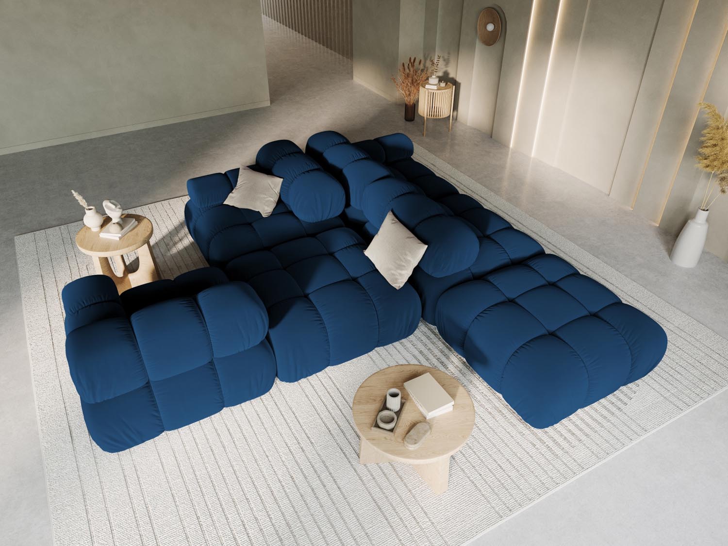 Elegantes Bellis Velour Sofa in Royal Blue, linksseitig, 4-Sitzer, ideal für stilvolle Wohnräume, präsentiert von Micadoni.