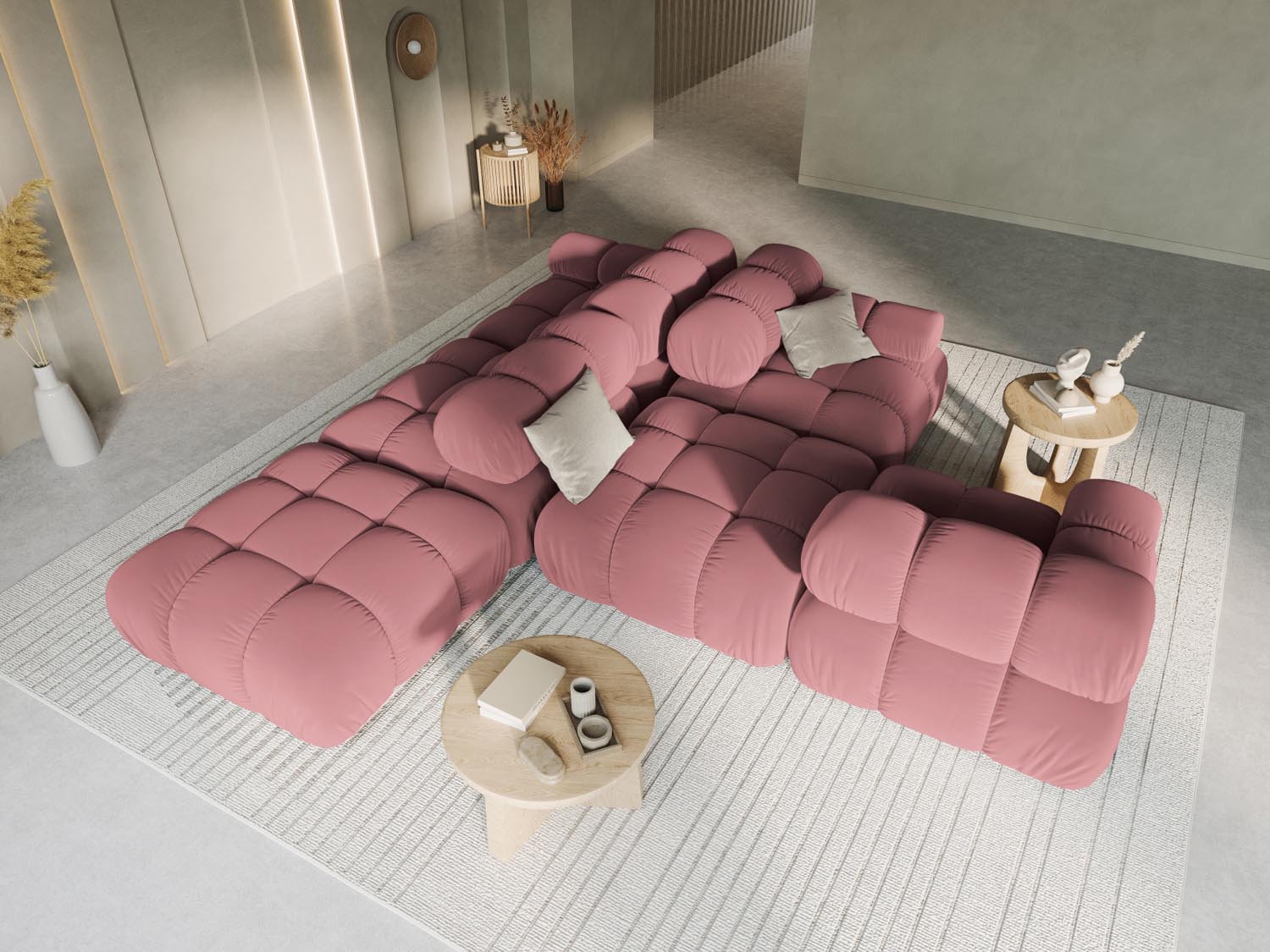 Elegantes Bellis Velour Sofa in sanften Pinktönen, ideal für stilvolle Wohnräume. Modulares Design, 4-Sitzer, rechtsseitig.
