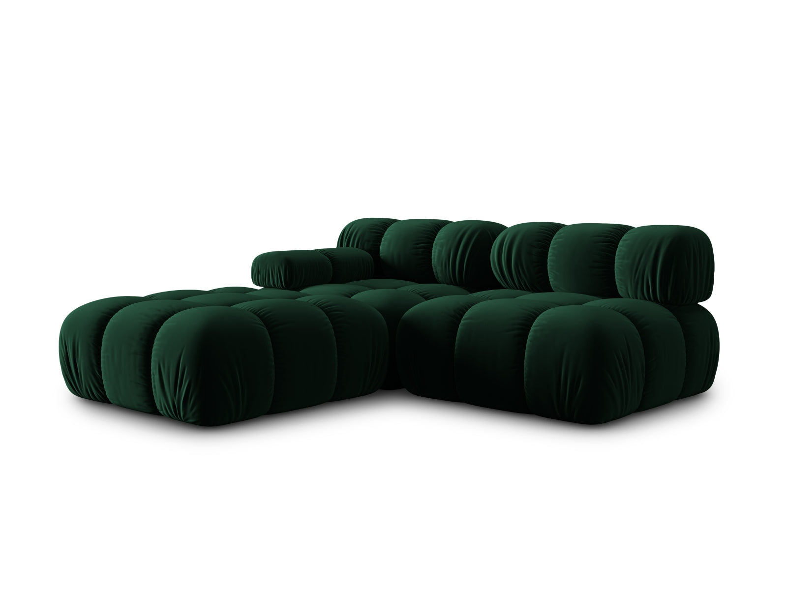Elegantes Bellis Velour Sofa in tiefem Flaschengrün, 4-Sitzer, rechte Variante, ideal für stilvolle und flexible Wohnräume.