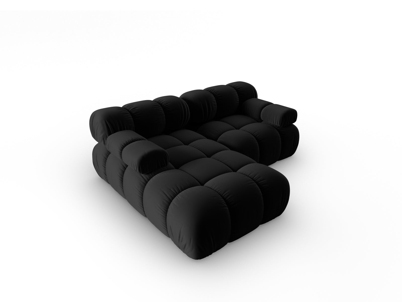 Elegantes Bellis Velour Ecksofa in Schwarz-Bluvel, 3-Sitzer, linksseitig, ideal für stilvolle Wohnräume und entspannte Abende.