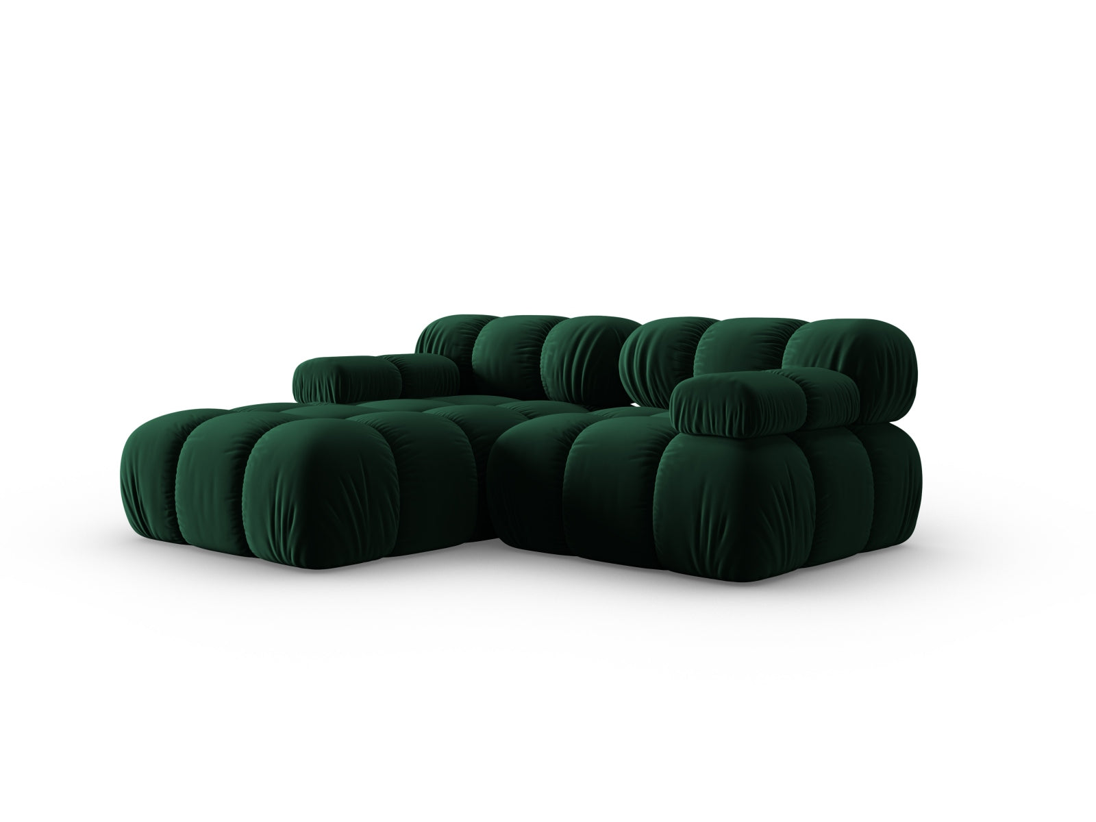 Modulares Bellis Velour Ecksofa in edlem Bottle Green-Bluvel, 3-Sitzer, linksseitig, perfekt für moderne und gemütliche Wohnambiente.