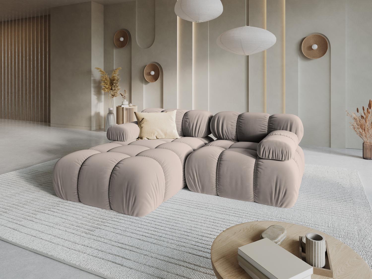 Elegantes Bellis Velour Ecksofa in Cappuccino, ideal für stilvolle Wohnräume. Modulares Design, linksseitig, 3-Sitzer mit 155 cm Breite.