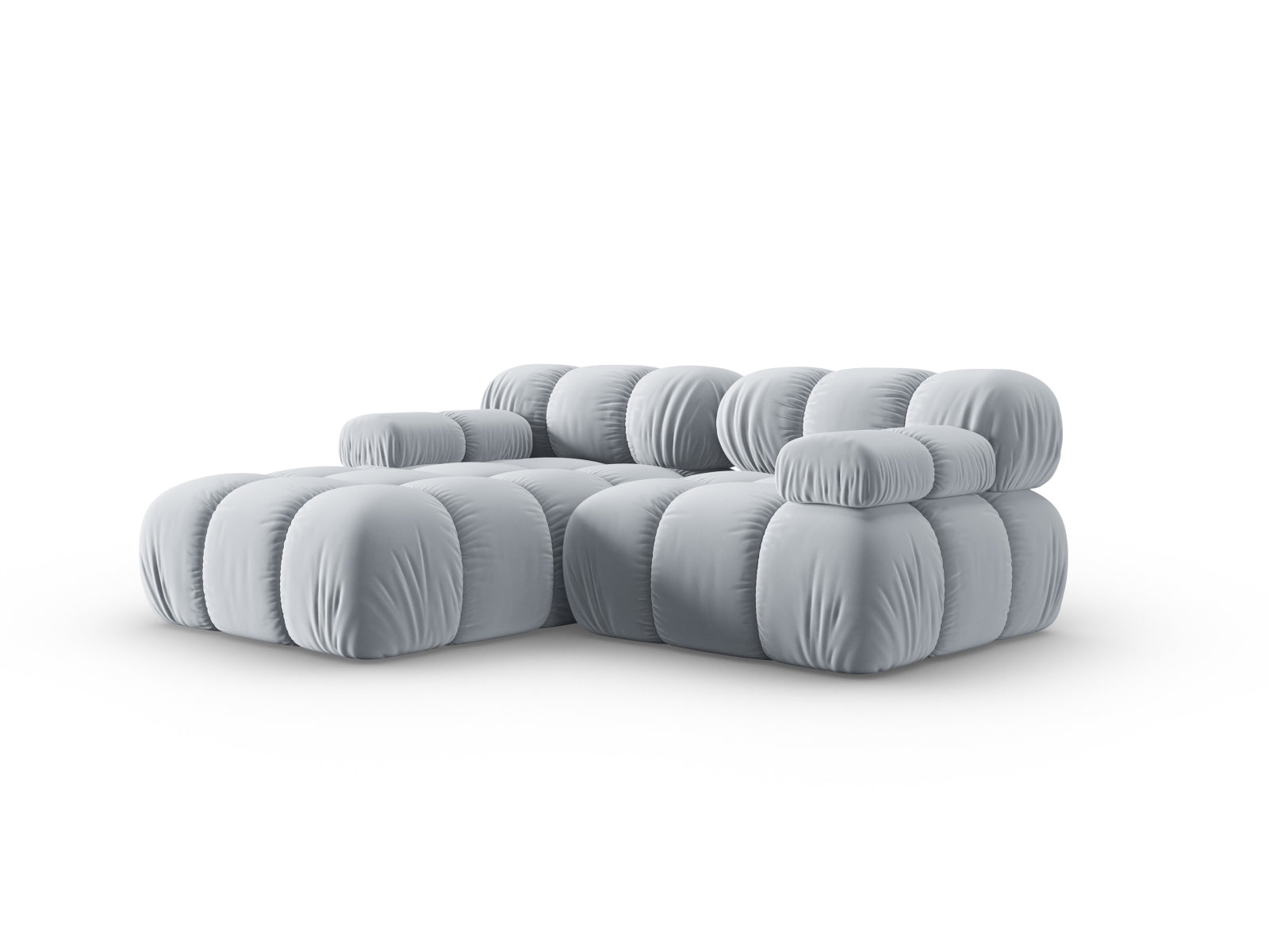 Modulares Bellis Velour Ecksofa in sanftem Hellblau, linksseitig, 3-Sitzer, perfekt für moderne Wohnkonzepte und entspannte Atmosphäre.