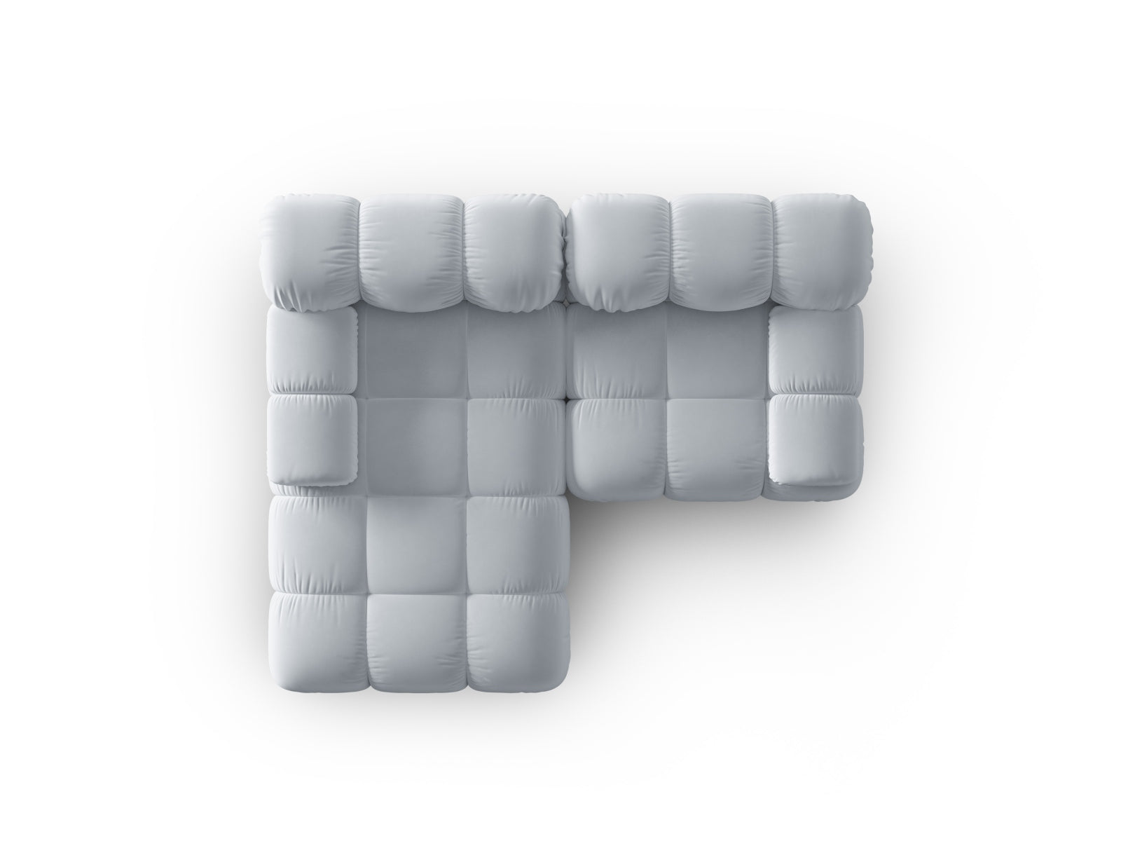 Elegantes, modulares Ecksofa Bellis in zartem Hellblau, linksseitig, 3-Sitzer, ideal für stilvolle und gemütliche Wohnräume.