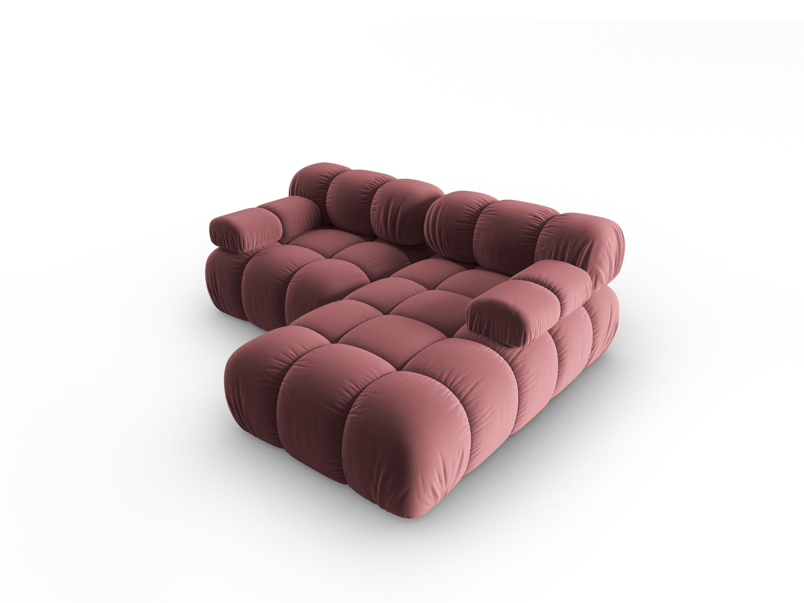 Elegantes, modulares Ecksofa Bellis in hochwertigem Velours, 3-Sitzer in zarten Rosatönen, ideal für stilvolle Wohnräume und Komfort.