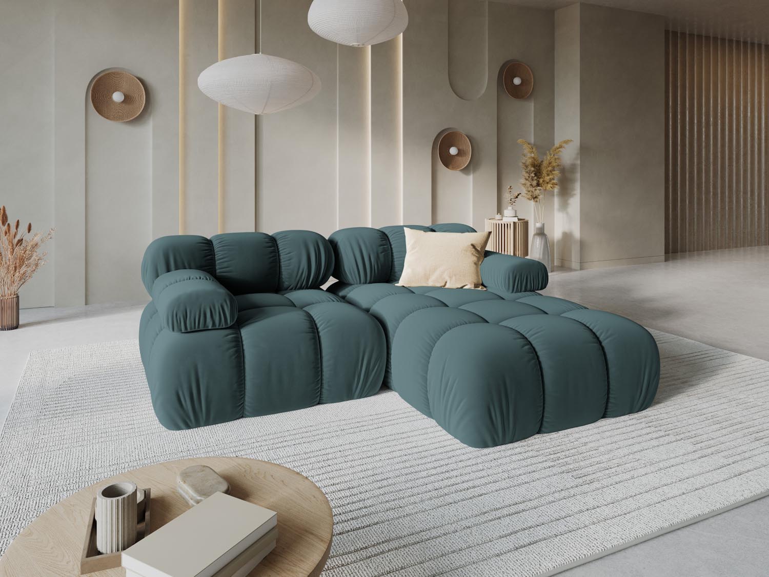 Elegantes Bellis Velour Ecksofa in Türkis, 3-Sitzer, modulare Form, ideal für stilvolle Wohnräume, präsentiert von Micadoni.
