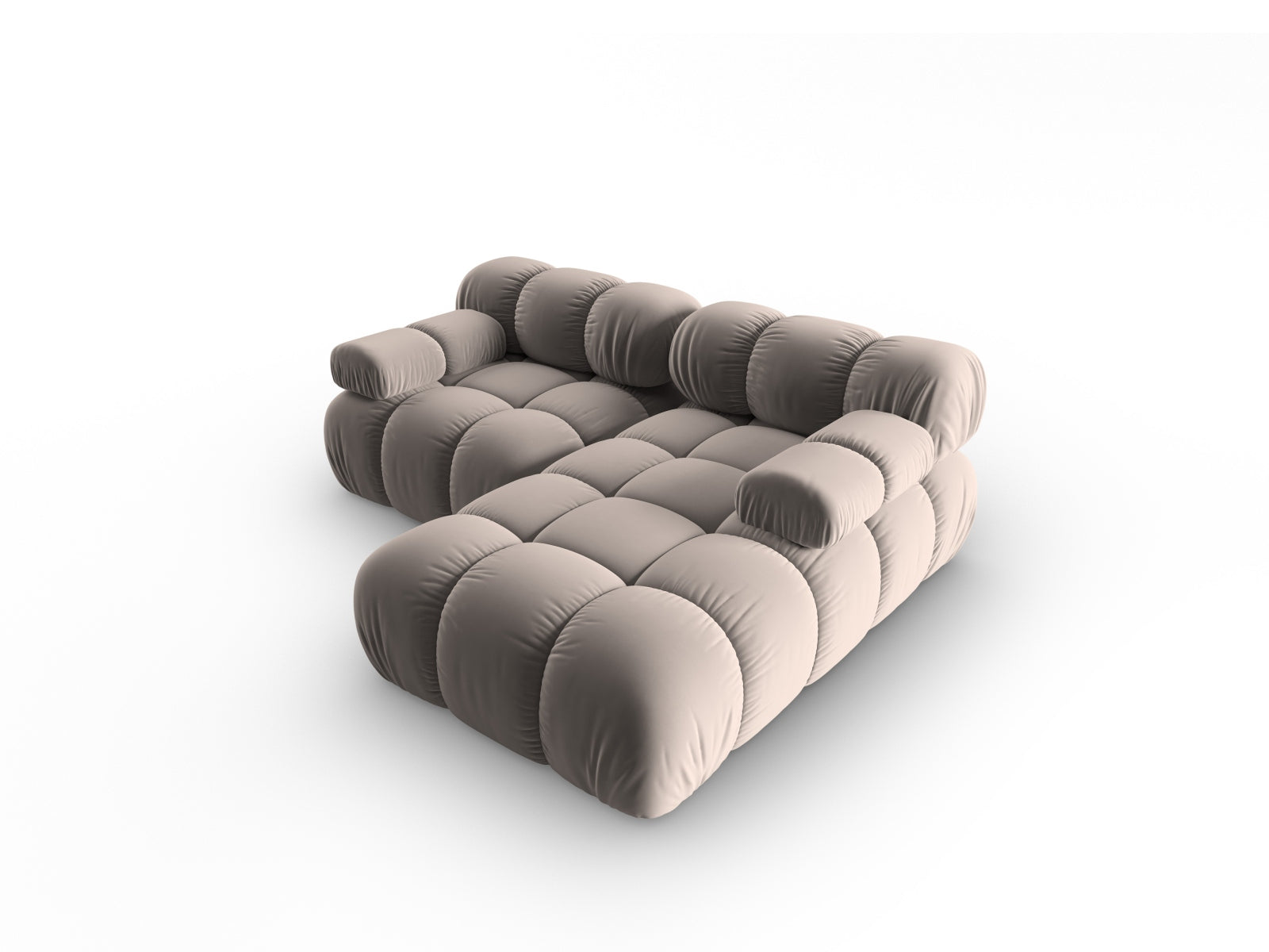 Elegantes Bellis Velour Ecksofa in sanftem Cappuccino, 3-Sitzer, rechts, ideal für stilvolle Wohnräume und gemütliche Abende.