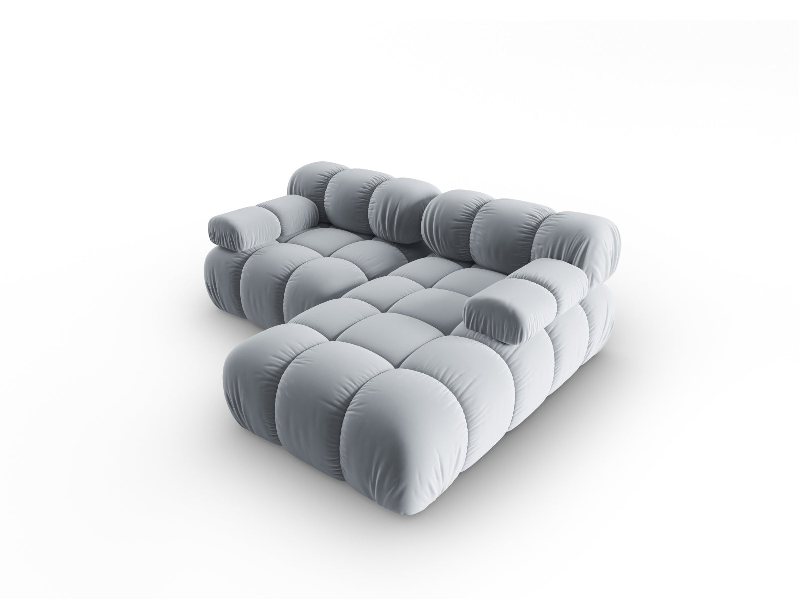 Elegantes modulares Ecksofa Bellis Velour in sanftem Hellblau, 3-Sitzer mit rechter Armlehne, ideal für stilvolle Wohnräume.