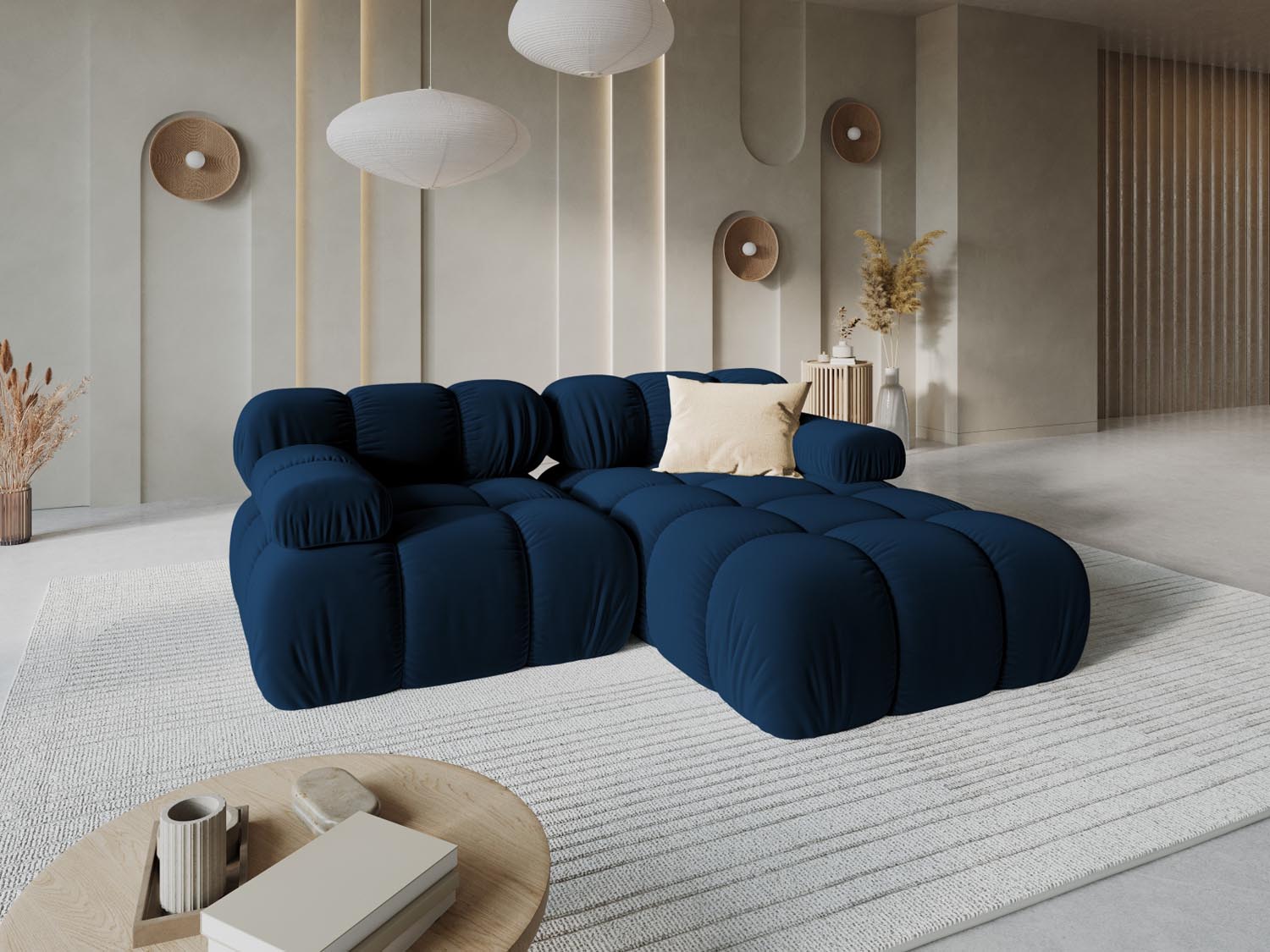 Elegantes Bellis Velour Ecksofa in Royal Blue, 3-Sitzer, modulare Form, ideal für stilvolle Wohnräume, präsentiert von KAQTU Design AG.