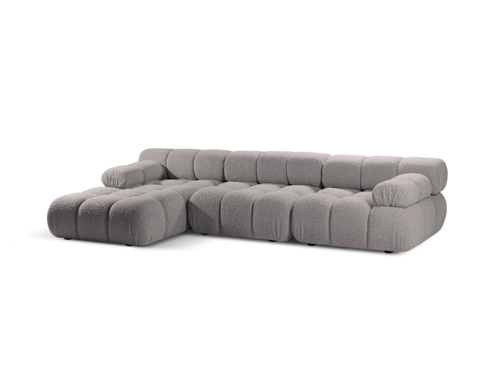 Elegantes Bellis Boucle Ecksofa links, 4-Sitzer in hellem Grau, ideal für stilvolle Wohnräume, präsentiert von Micadoni.