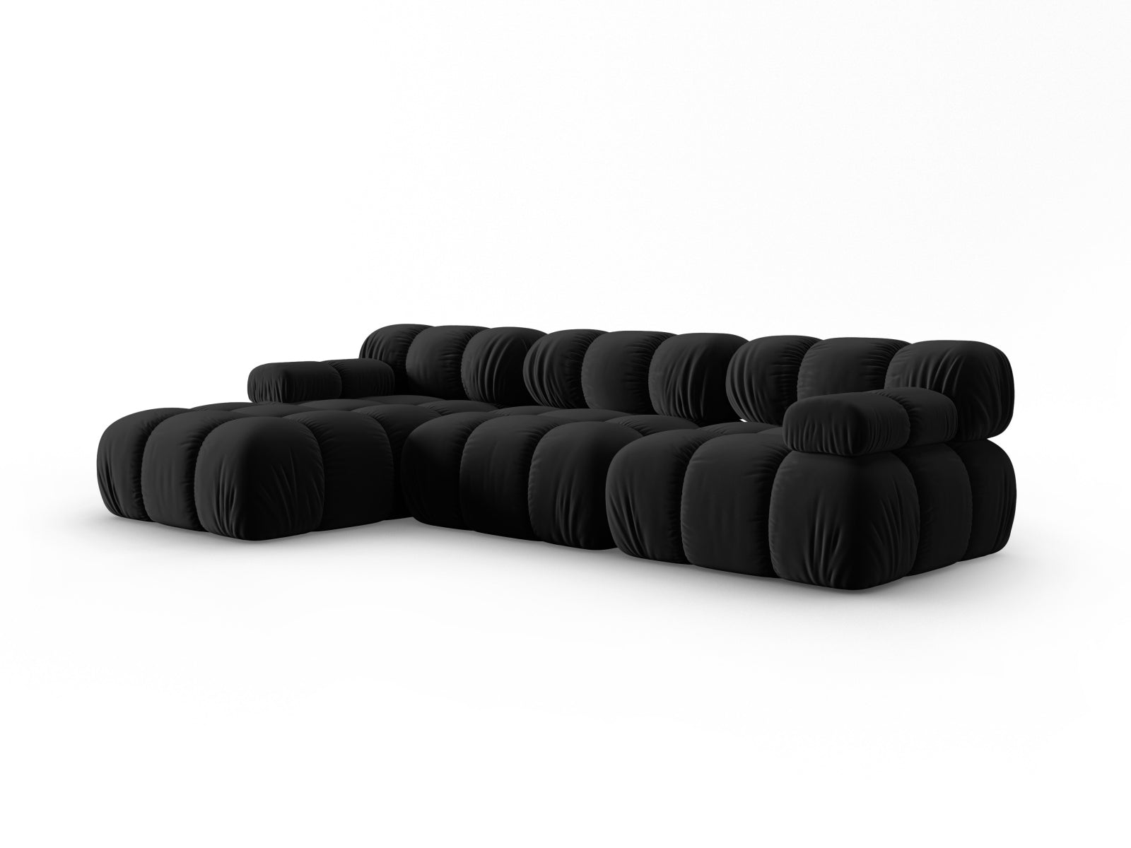 Modulares Bellis Velour Ecksofa in Schwarz-Bluvel, 4-Sitzer, linksseitig, perfekt für moderne Wohnkonzepte und gemütliche Entspannung.