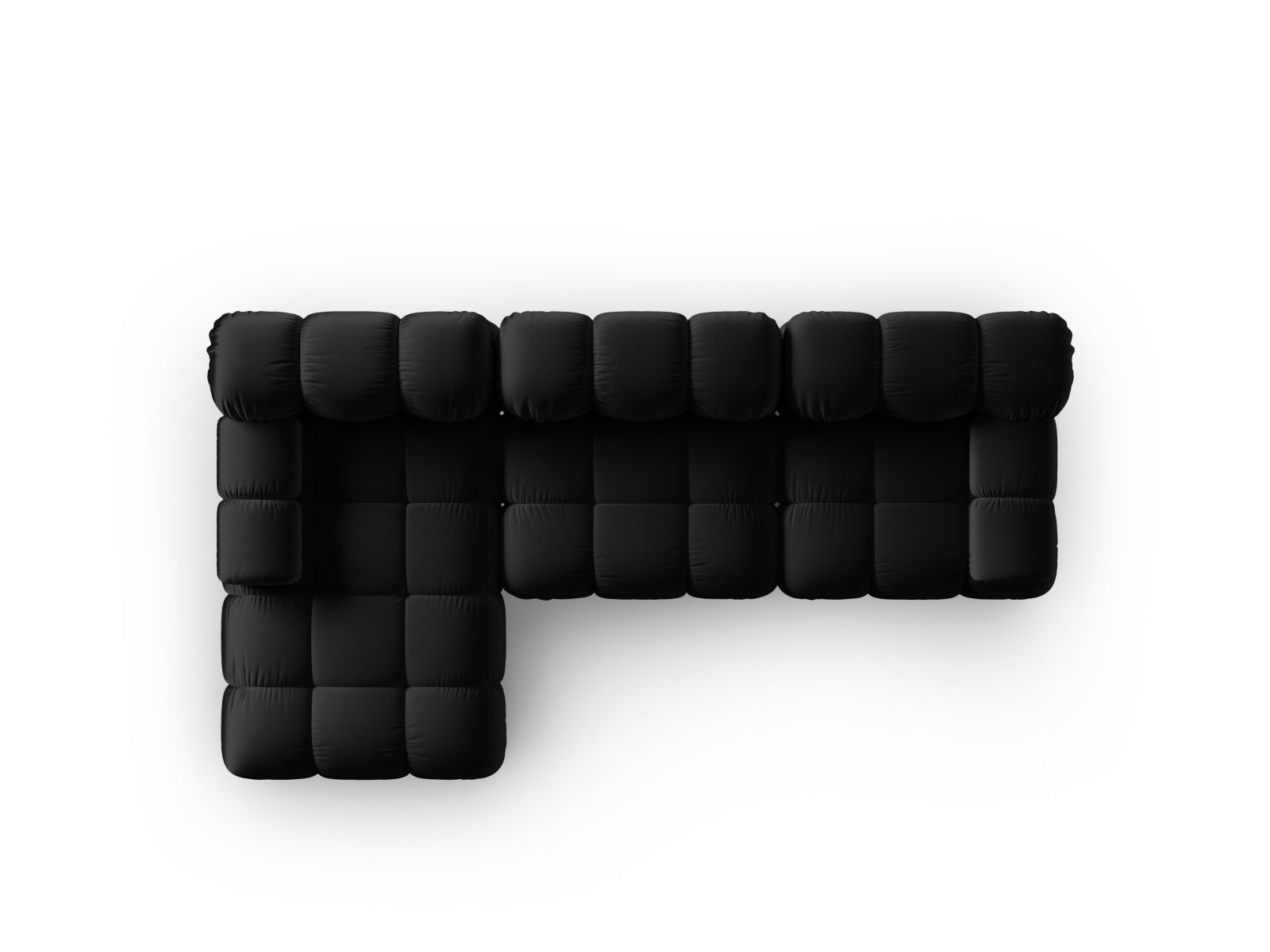 Elegantes Bellis Velour Ecksofa in Schwarz-Bluvel, 4-Sitzer, linksseitig, ideal für stilvolle Wohnräume und entspannte Stunden.