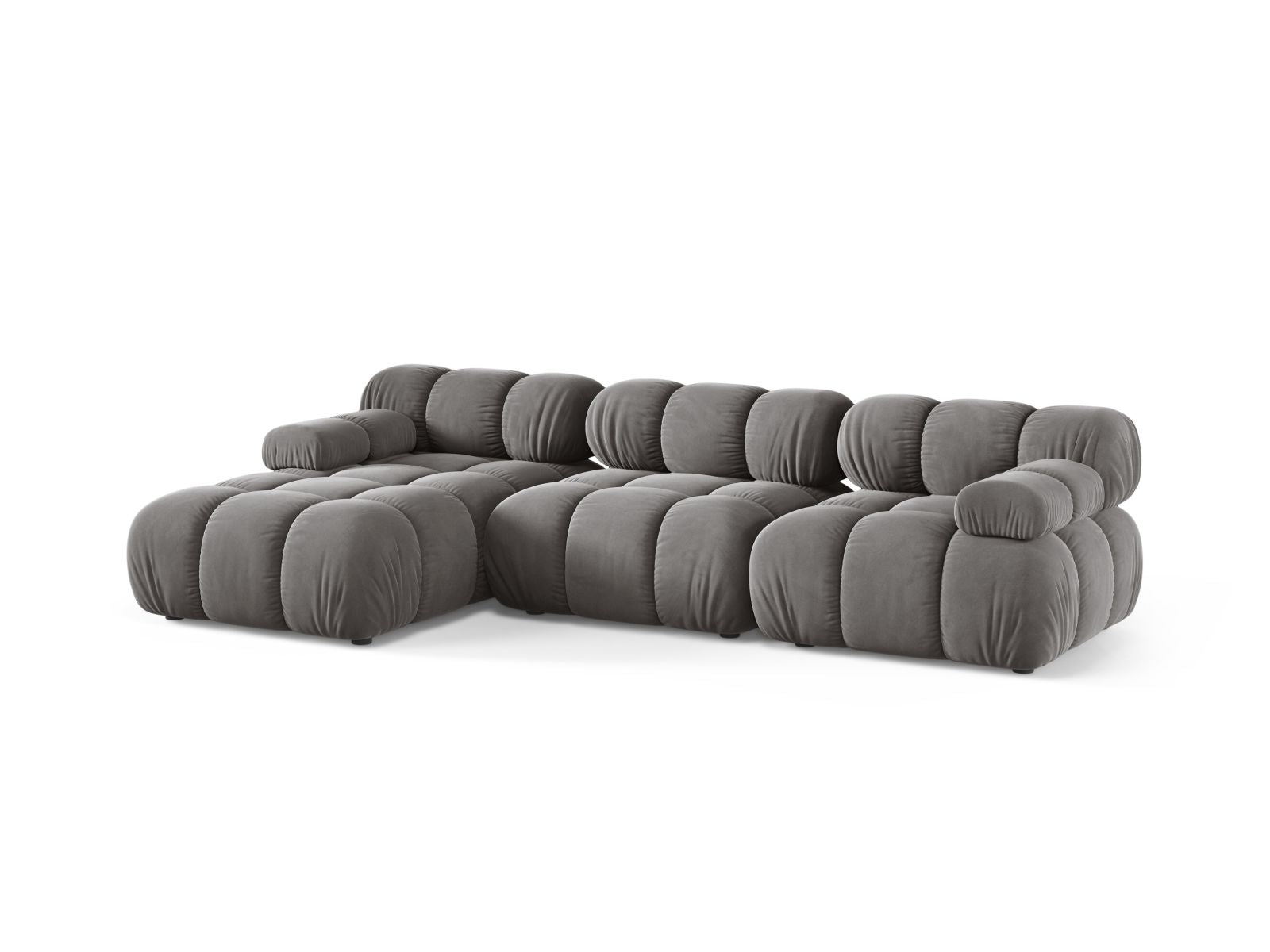 Elegantes Bellis Velour Ecksofa links in Light Grey-Bluvel, 4-Sitzer, 155cm, ideal für stilvolle Wohnräume, erhältlich bei KAQTU Design AG.