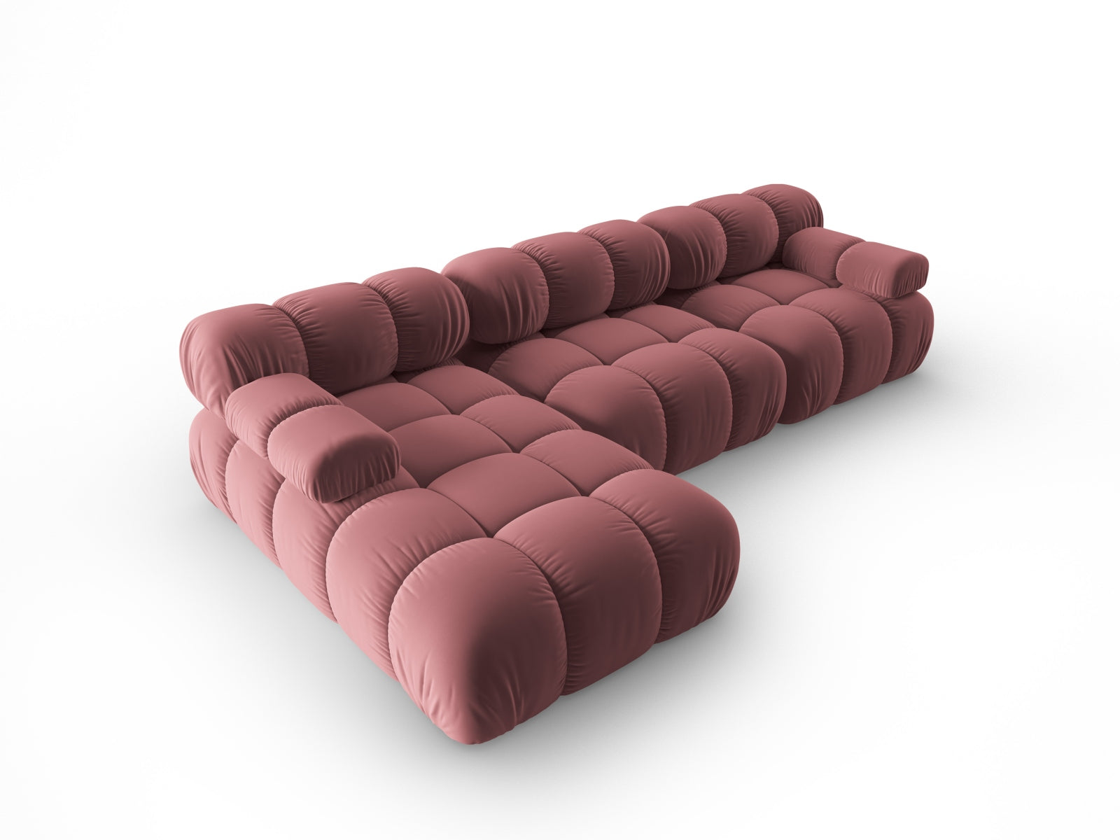 Stylisches Bellis Velour Ecksofa in sanften Pinktönen, 4-Sitzer mit flexibler Modulbauweise, ideal für moderne Wohnräume.