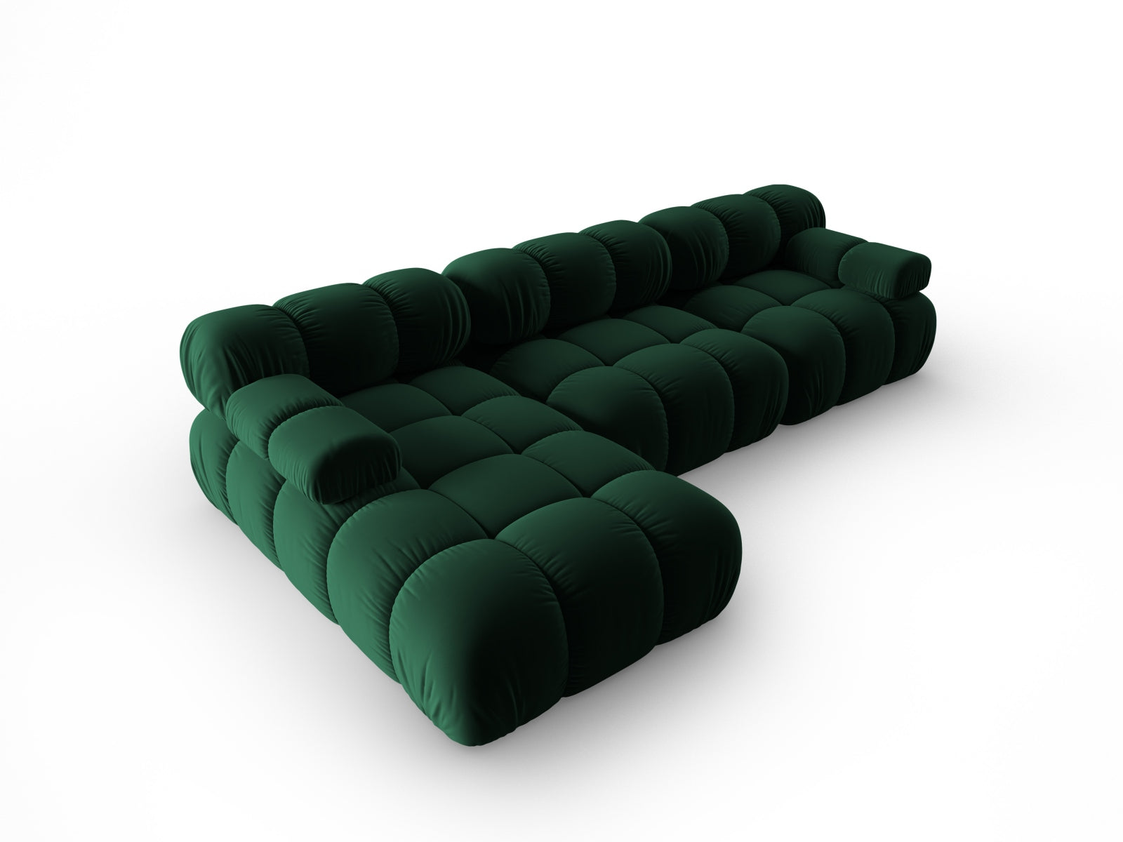 Elegantes Bellis Velour Ecksofa in tiefem Flaschengrün, 4-Sitzer, linksseitig, ideal für stilvolle und einladende Wohnräume.