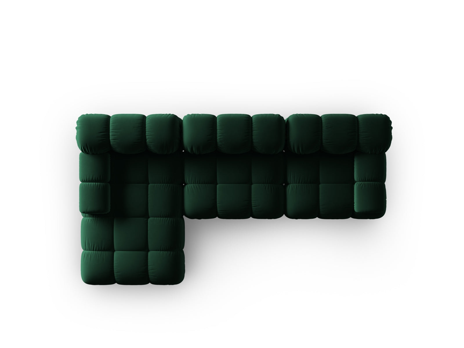 Elegantes Bellis Velour Ecksofa in tiefem Flaschengrün, linksseitig, 4-Sitzer, ideal für stilvolle und einladende Wohnräume.
