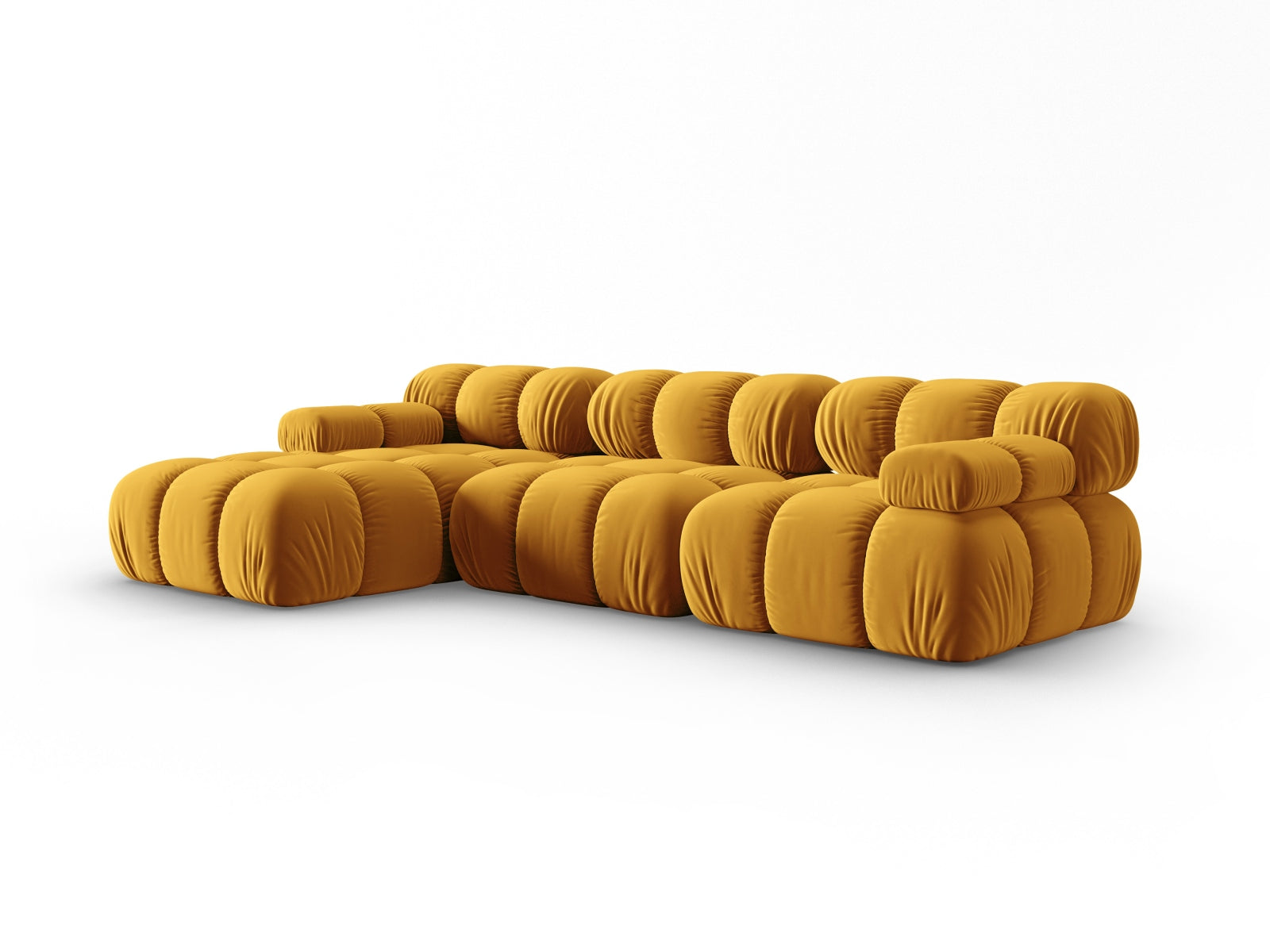 Elegantes Bellis Velour Ecksofa in Gelb-Blau, 4-Sitzer, linksseitig, perfekt für stilvolle Wohnräume und entspannte Stunden.