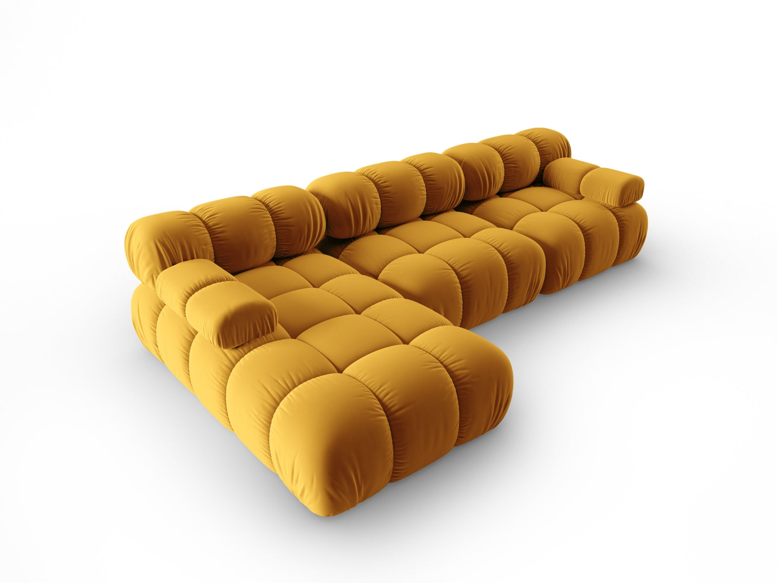 Modulares Bellis Velour Ecksofa in Gelb-Blau, 4-Sitzer, linksseitig, ideal für moderne Wohnkonzepte und gemütliche Abende.