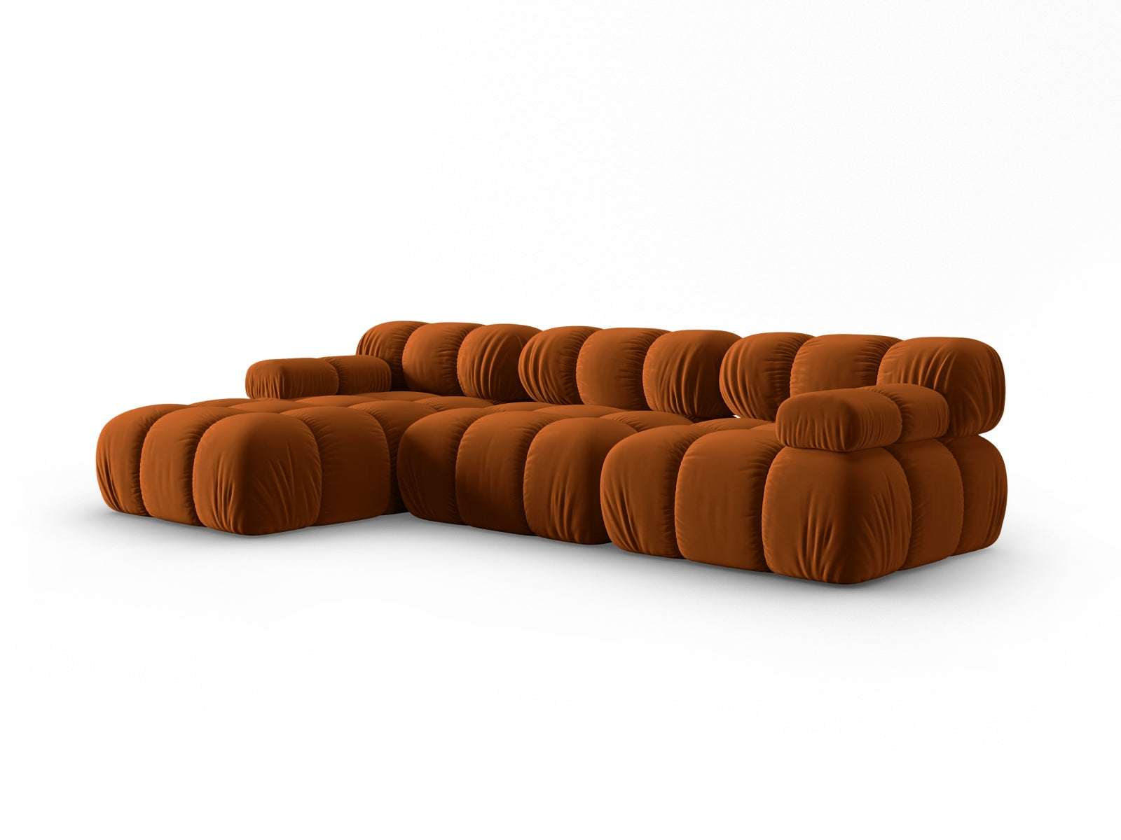 Elegantes Bellis Velour Ecksofa in warmem Terracotta, 4-Sitzer mit modularem Design für flexible Einrichtungslösungen.