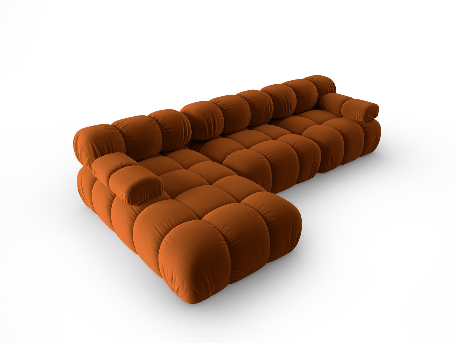 Modulares Ecksofa Bellis in sanftem Terracotta, 4-Sitzer mit Velourbezug, ideal für stilvolle und anpassbare Wohnräume.