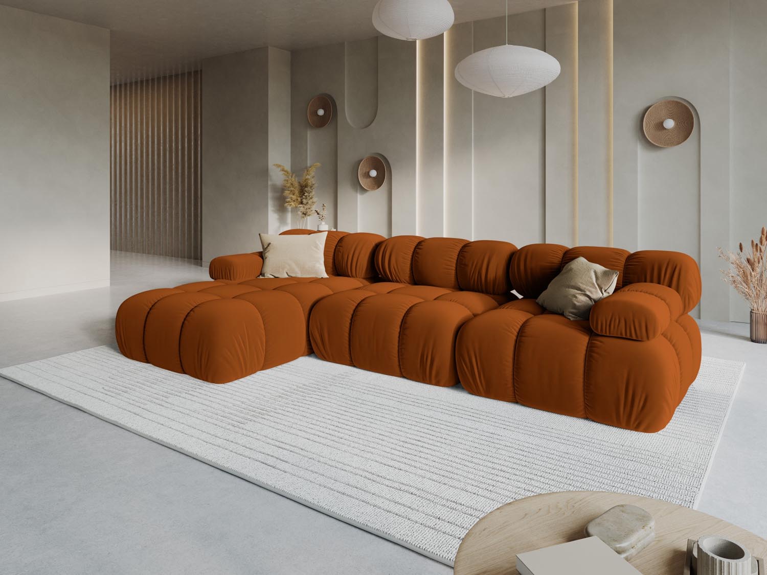 Gemütliches Bellis Velour Ecksofa in Terracotta, ideal für stilvolle Wohnräume. Modulares Design, perfekt für individuelle Raumgestaltungen.