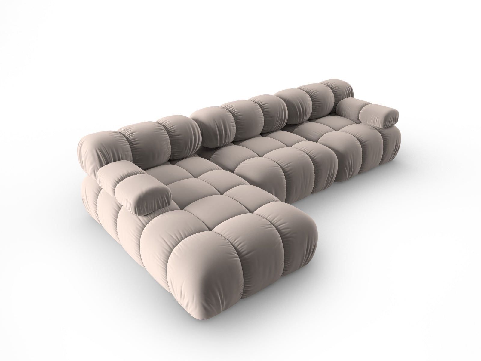 Elegantes Bellis Velour Ecksofa in warmem Cappuccino, ideal für stilvolle Wohnräume und anpassbare Sitzkonfigurationen.