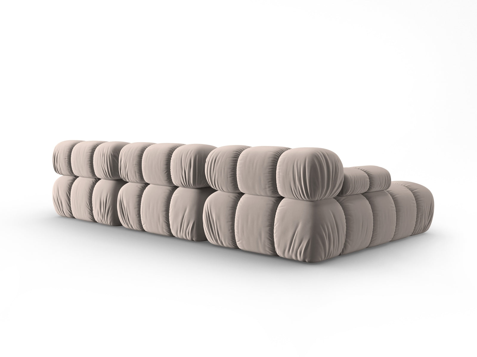 Modulares Bellis Velour Ecksofa in sanftem Cappuccino, perfekt für gemütliche Wohnzimmer und flexible Raumgestaltungen.