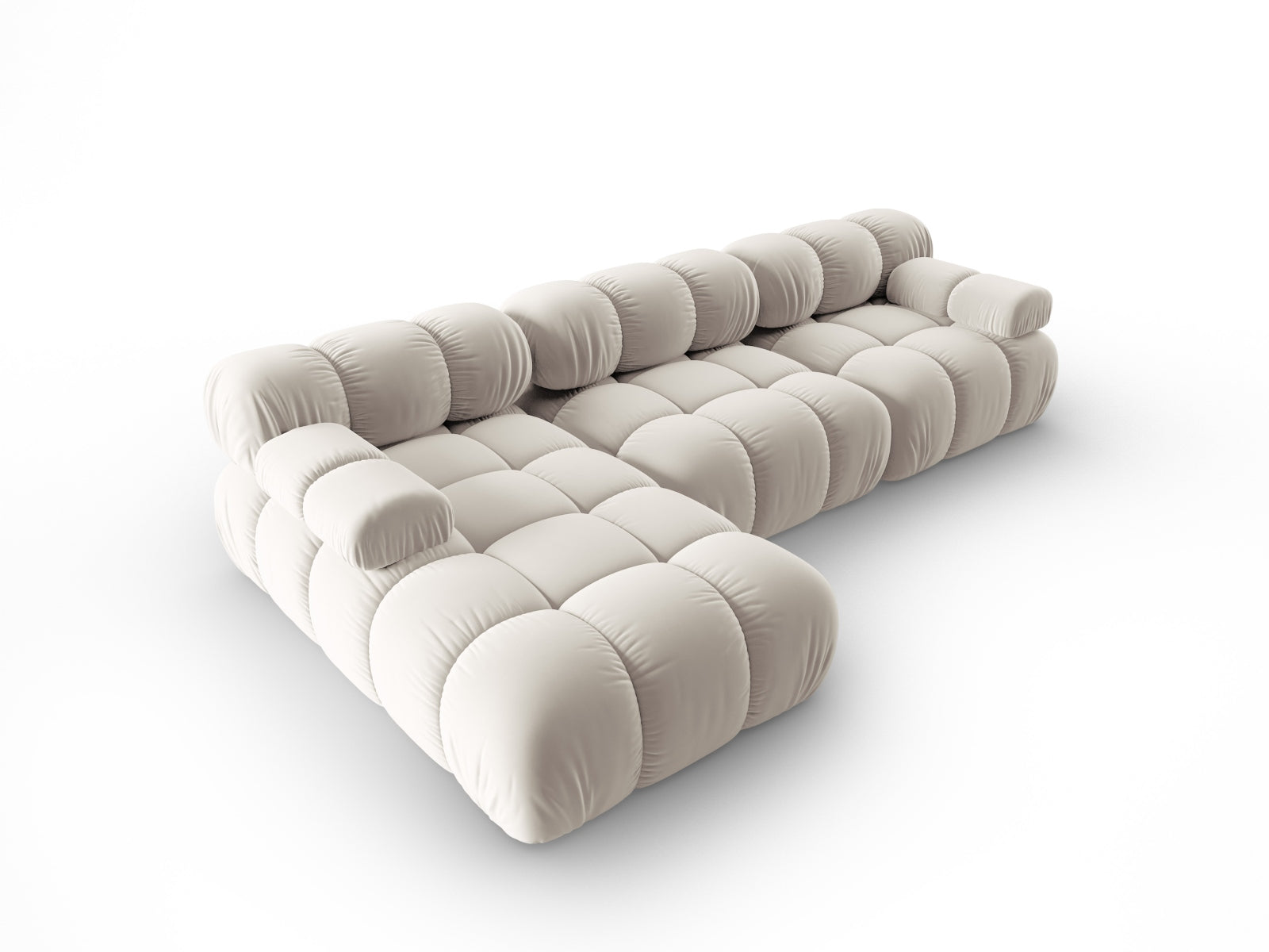Elegantes, modulares Ecksofa Bellis in sanftem Dunkelbeige, 4-Sitzer, linksseitig, aus hochwertigem Velour für stilvolle Wohnräume.