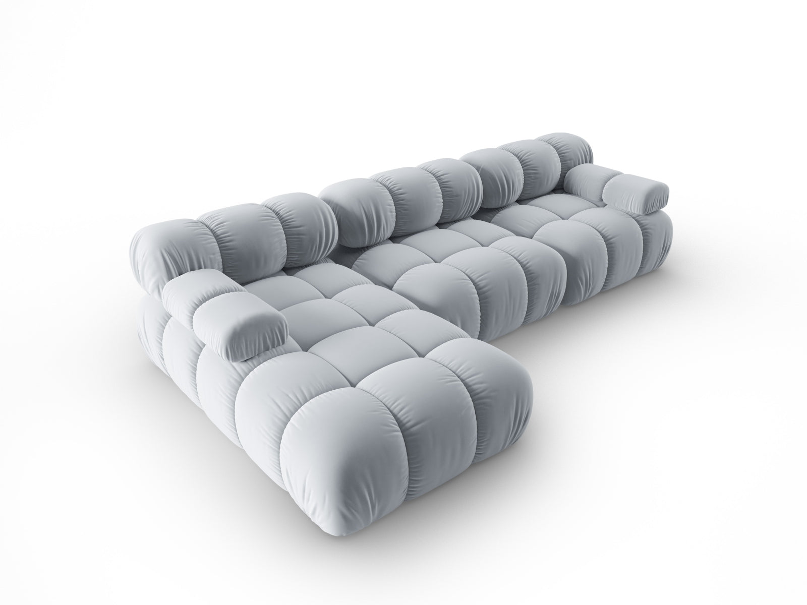 Elegantes Bellis Velour Ecksofa in sanftem Hellblau, 4-Sitzer, linksseitig, ideal für stilvolle Wohnräume und gemütliche Abende.