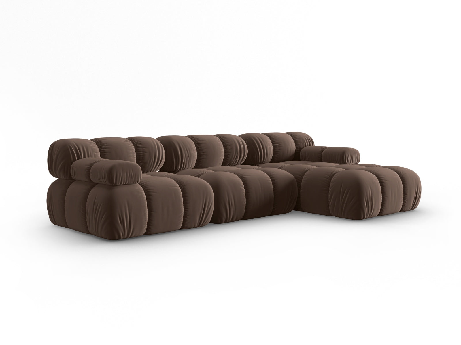 Elegantes Bellis Velour Ecksofa in Dunkelbraun, 4-Sitzer, modulare Bauweise, ideal für stilvolle Wohnräume, erhältlich bei KAQTU Design AG.