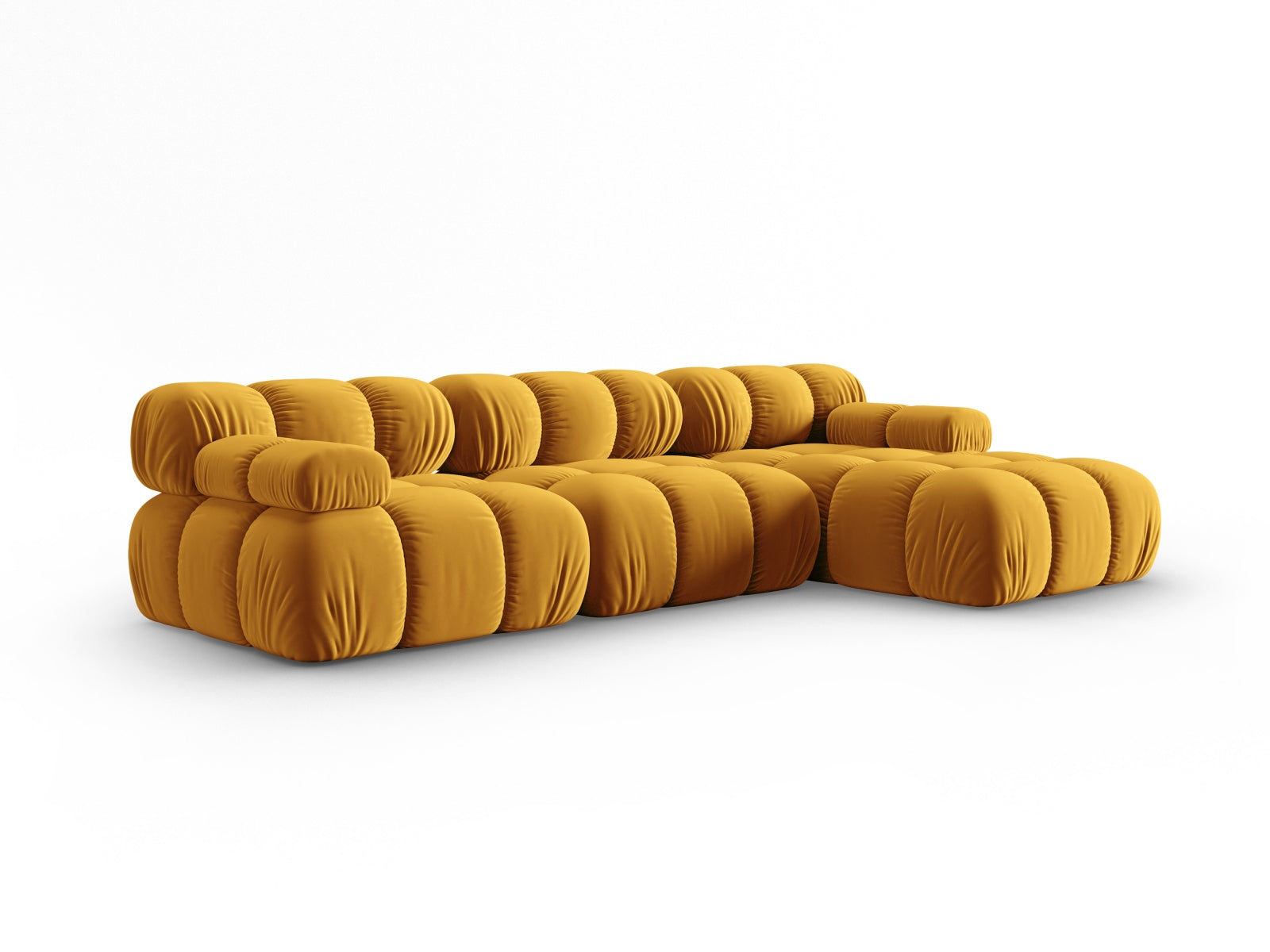 Modulares Ecksofa Bellis in Gelb-Blau, 4-Sitzer, stilvolles Design für moderne Wohnräume, perfekt für gemütliche Abende.